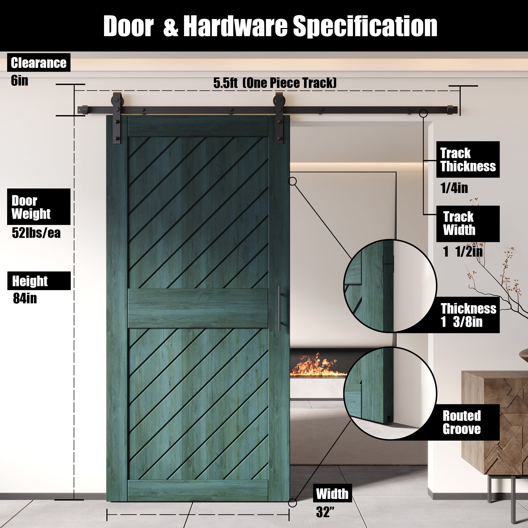 84-inch royal pine barn door, slanted stripe design, unassembled