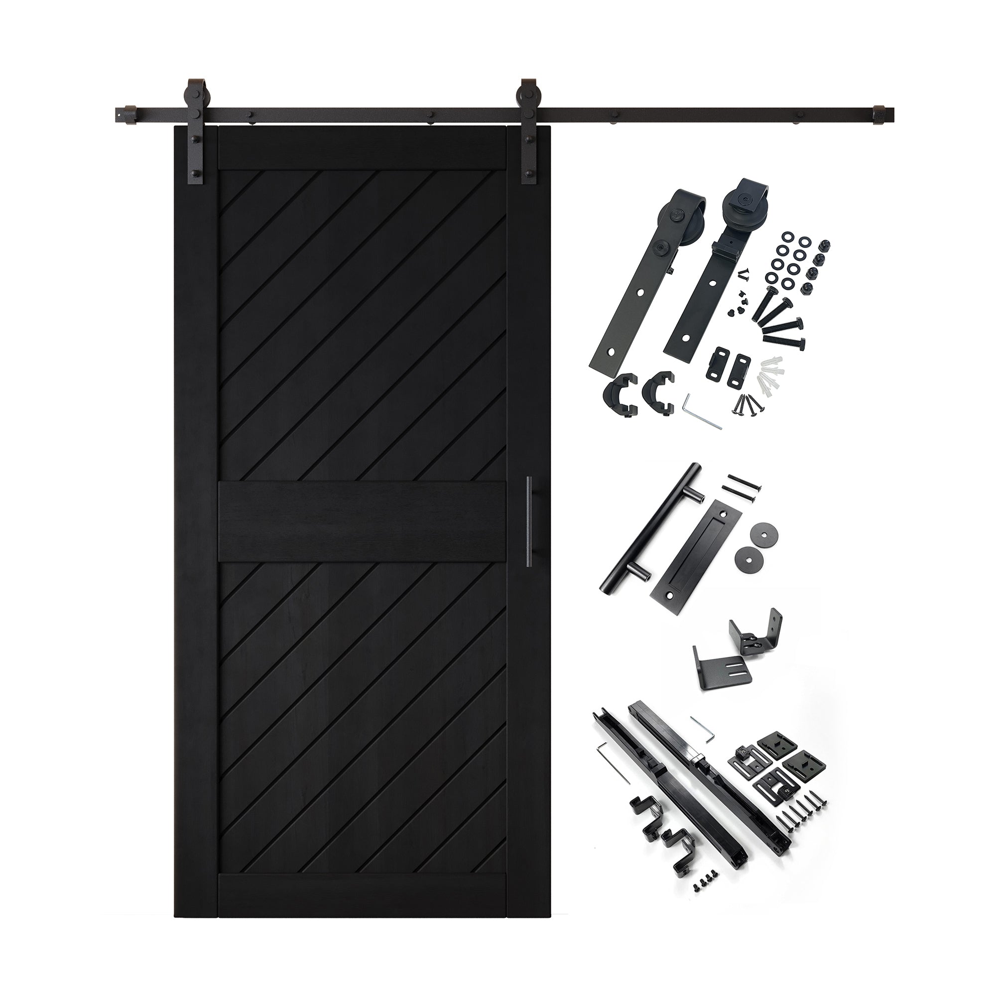 84" Height Black Slanted Stripe Design Unassembled & Finished Pine Wood Barn Door with Non-Bypass Installation Hardware Kit(Interior Use Only)