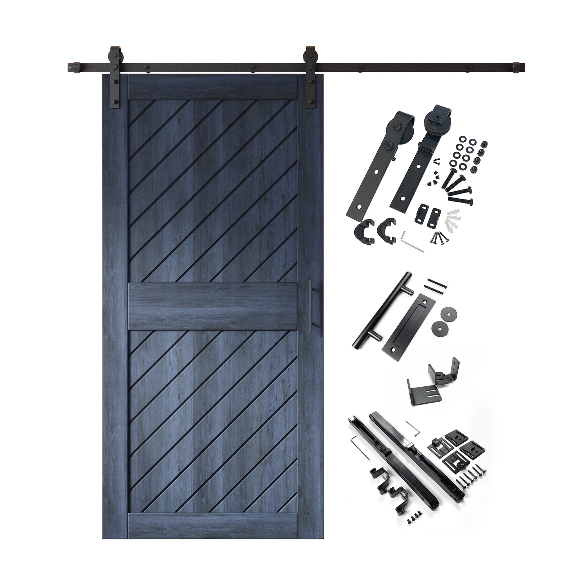 84" Height Navy Slanted Stripe Design Unassembled & Finished Pine Wood Barn Door with Non-Bypass Installation Hardware Kit(Interior Use Only)