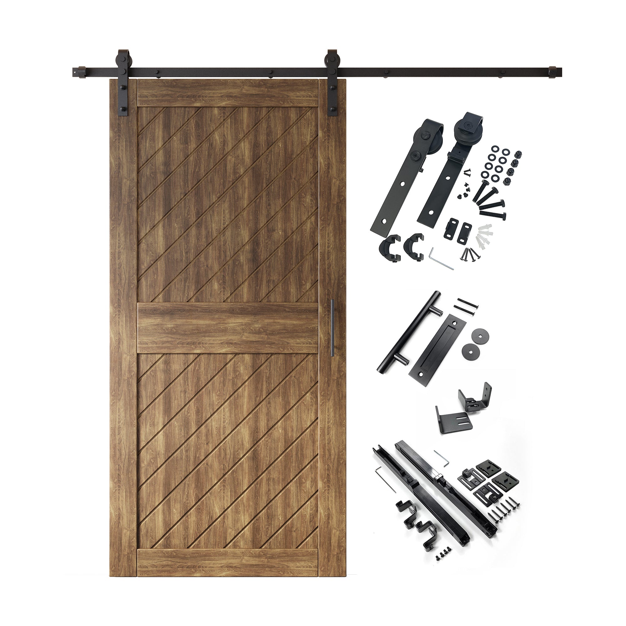 84" Height Dark Walnut Slanted Stripe Design Unassembled & Finished Pine Wood Barn Door with Non-Bypass Installation Hardware Kit(Interior Use Only)