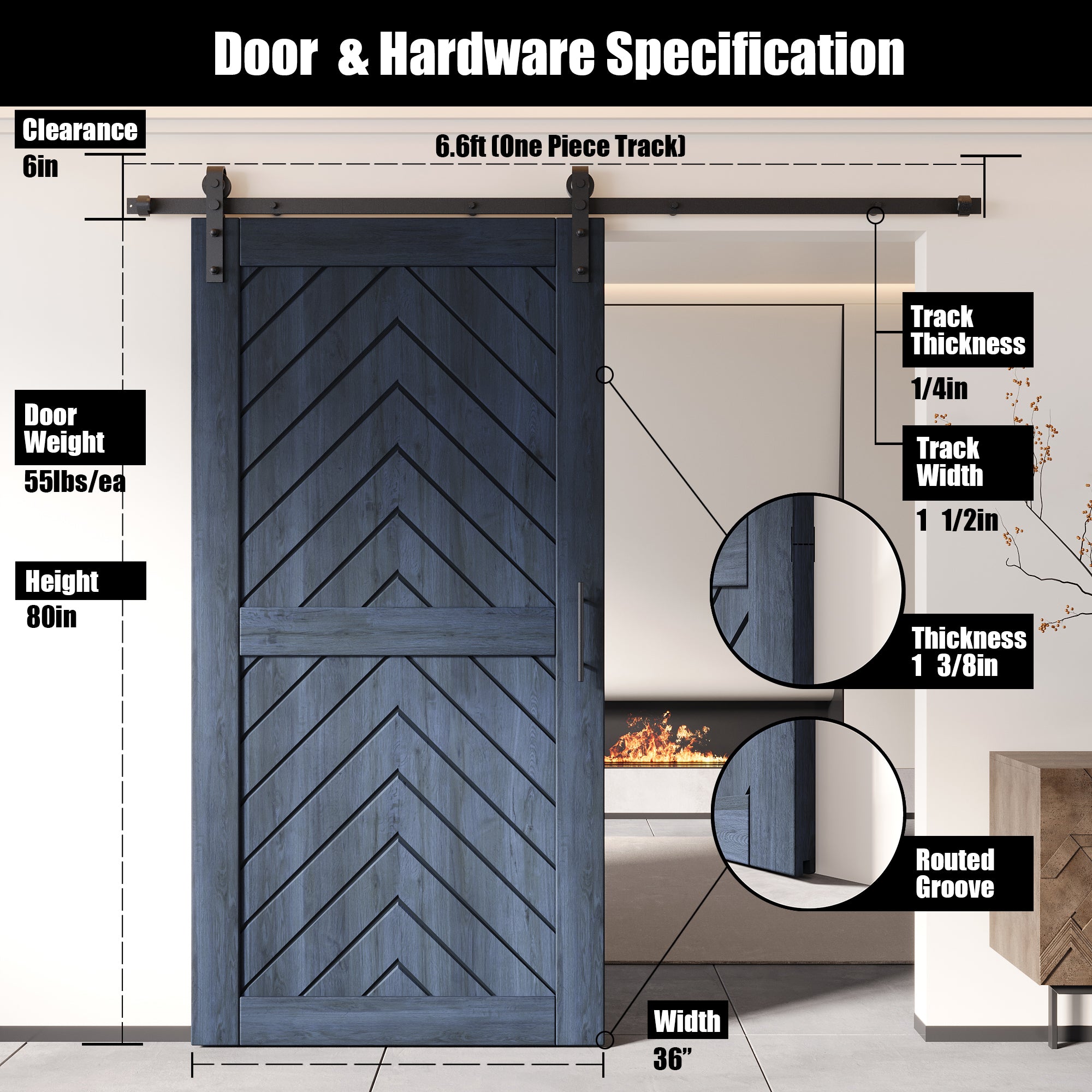 80" Height Navy Fishbone Design Unassembled & Finished Pine Wood Barn Door with Non-Bypass Installation Hardware Kit(Interior Use Only)