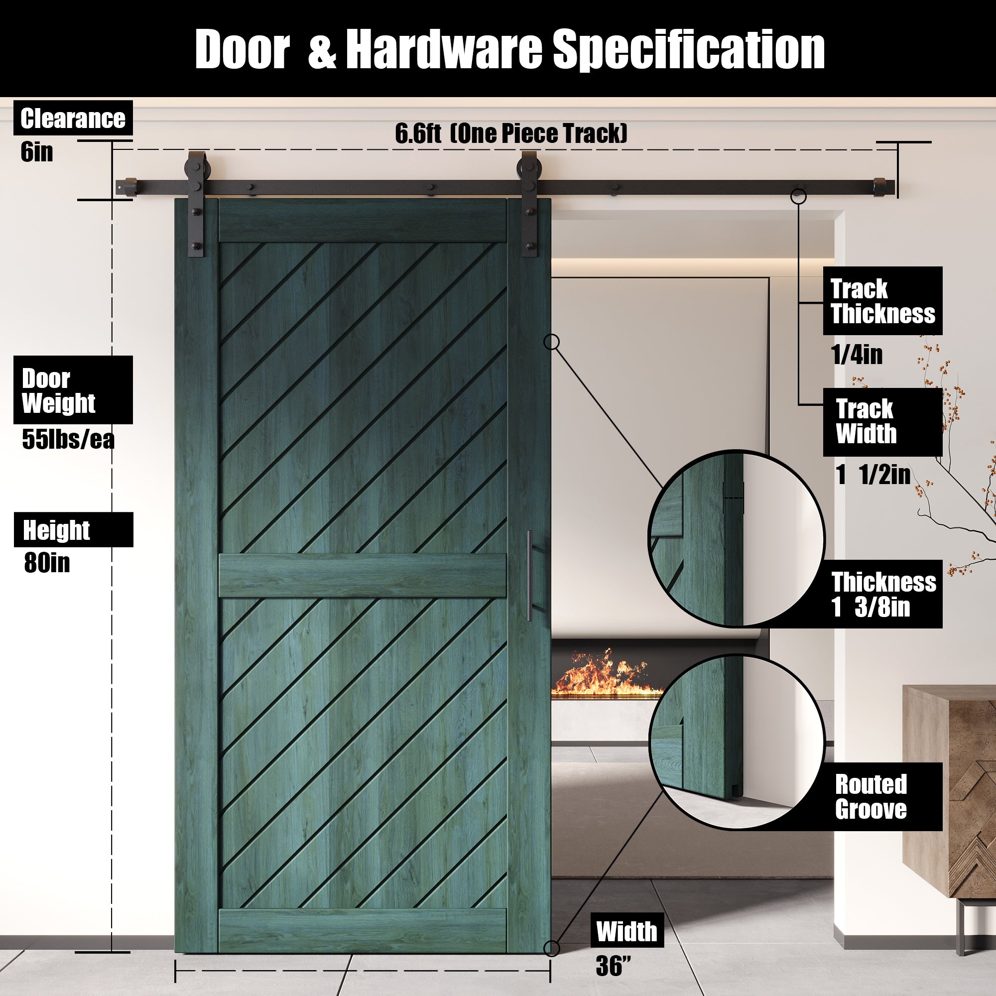 80" Height Royal Pine Slanted Stripe Design Unassembled & Finished Pine Wood Barn Door with Non-Bypass Installation Hardware Kit(Interior Use Only)