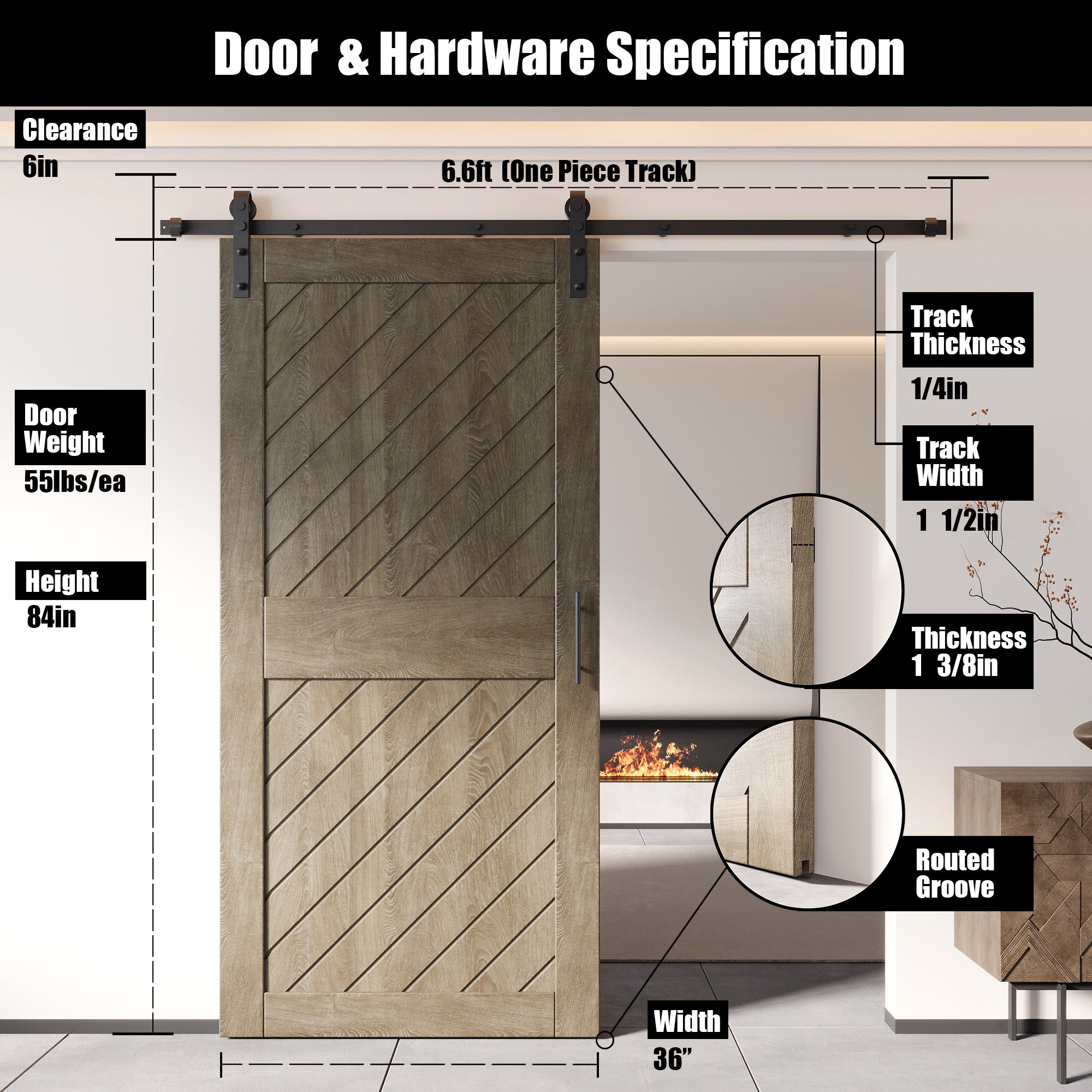 classic gray slanted stripe pine barn door, 84-inch, finished