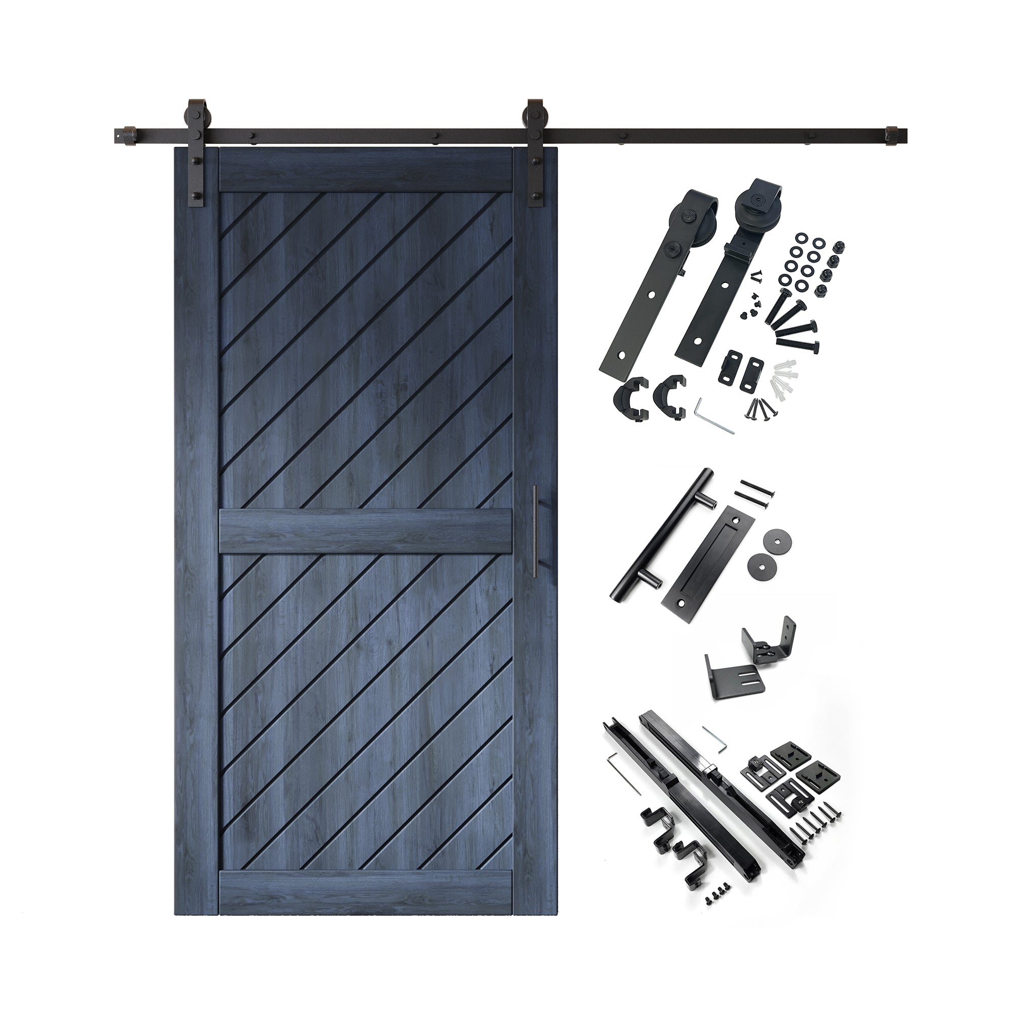 80" Height Navy Slanted Stripe Design Unassembled & Finished Pine Wood Barn Door with Non-Bypass Installation Hardware Kit(Interior Use Only)