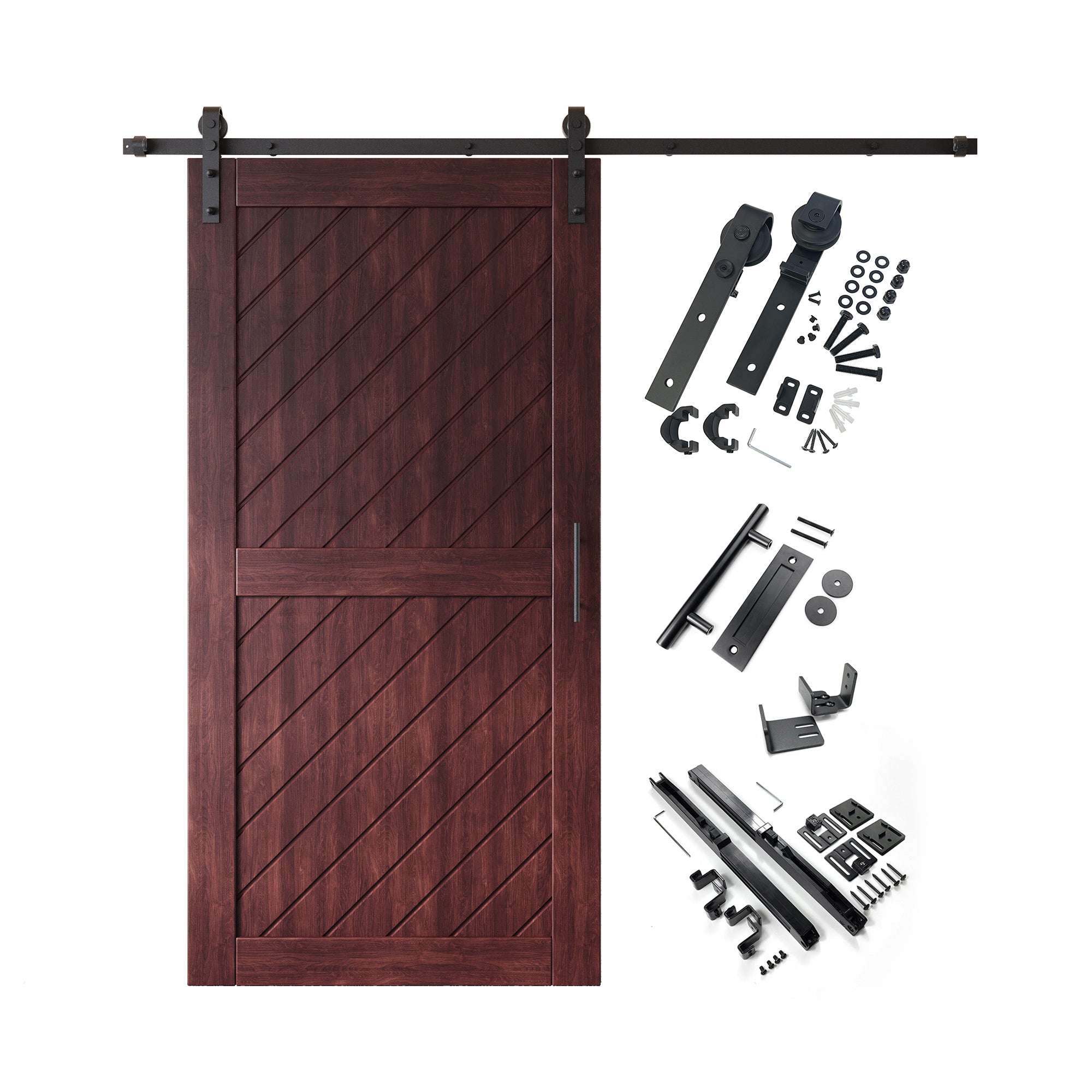 80" Height Red Mahogany Slanted Stripe Design Unassembled & Finished Pine Wood Barn Door with Non-Bypass Installation Hardware Kit(Interior Use Only)