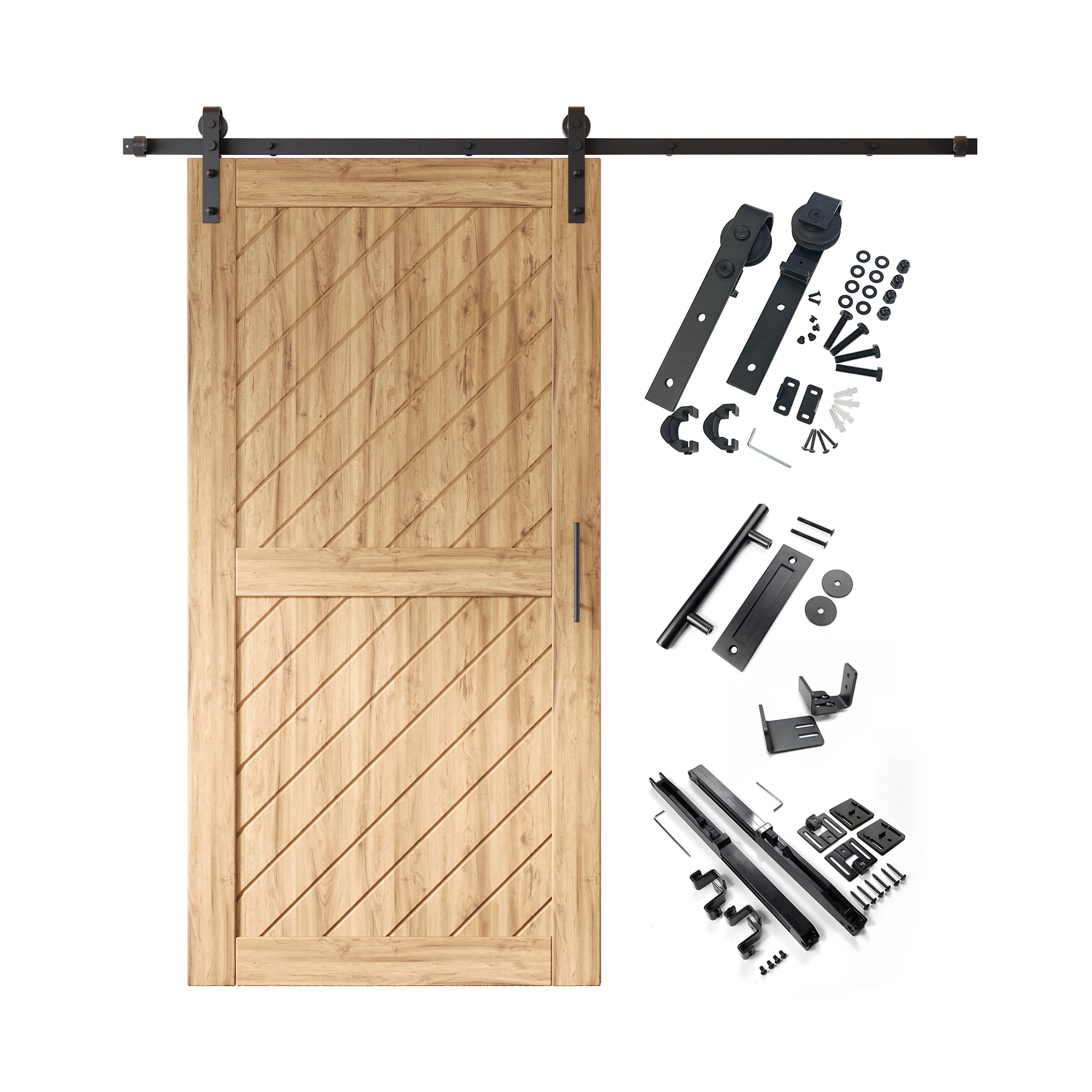 80" Height Slanted Stripe Design Unassembled & Unfinished Pine Wood Barn Door with Non-Bypass Installation Hardware Kit(Interior Use Only)