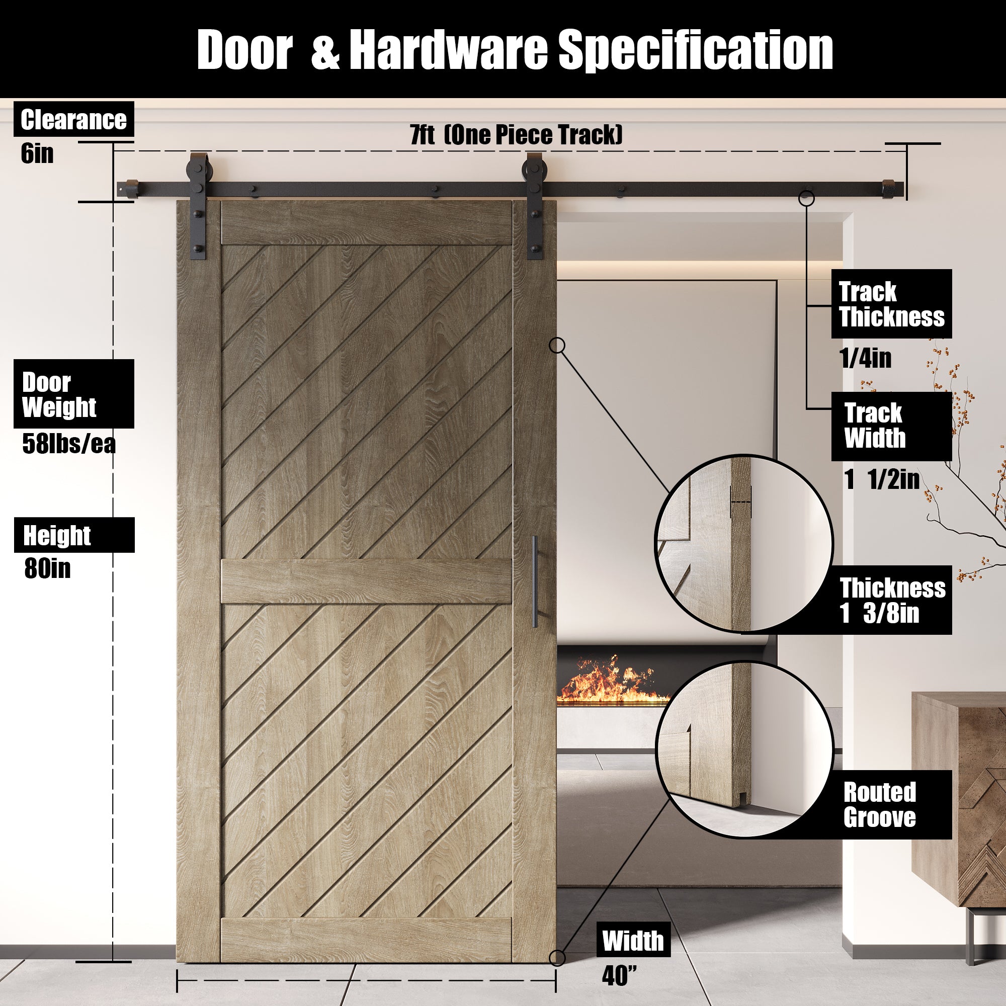 80" Height Classic Gray Slanted Stripe Design Unassembled & Finished Pine Wood Barn Door with Non-Bypass Installation Hardware Kit(Interior Use Only)