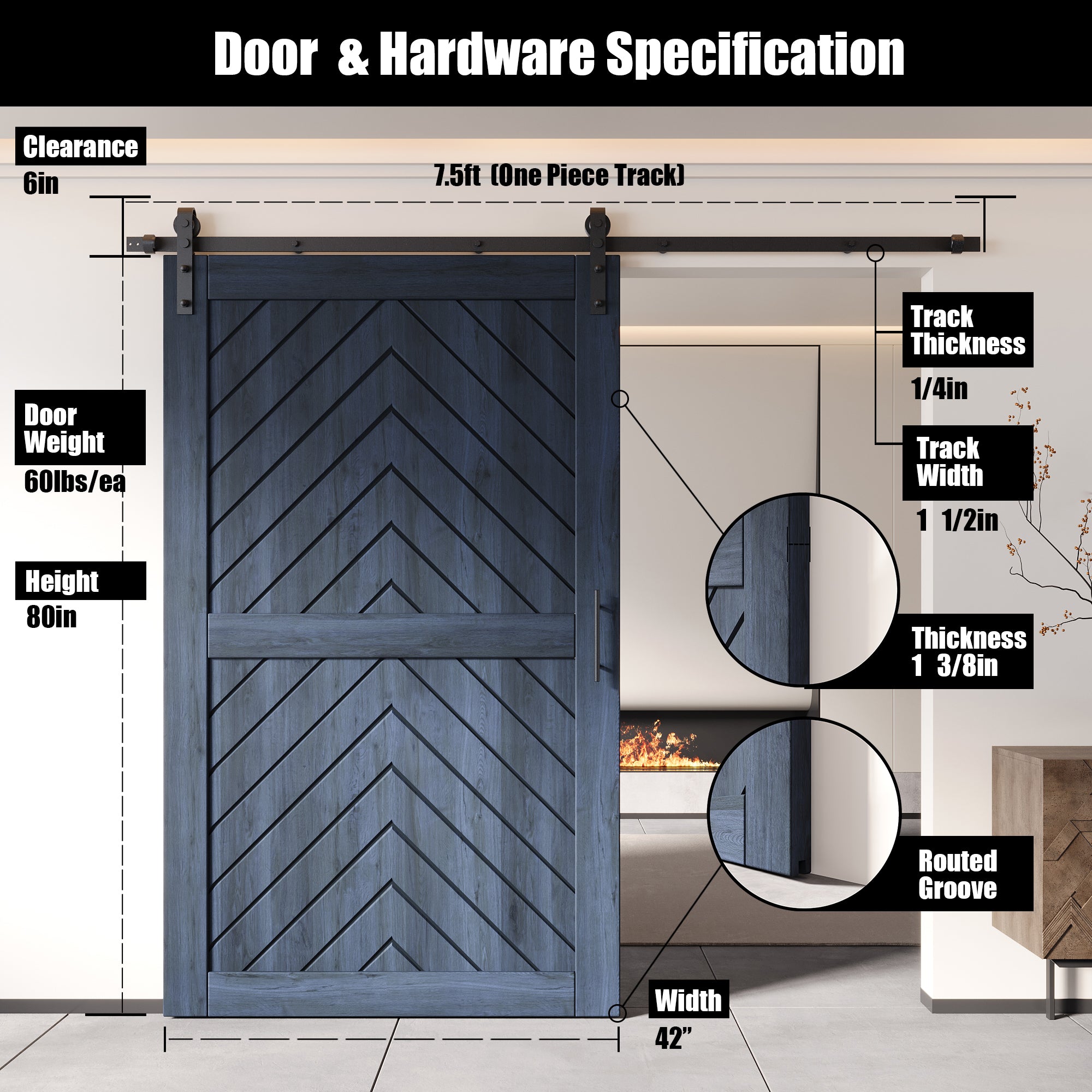 80" Height Navy Fishbone Design Unassembled & Finished Pine Wood Barn Door with Non-Bypass Installation Hardware Kit(Interior Use Only)