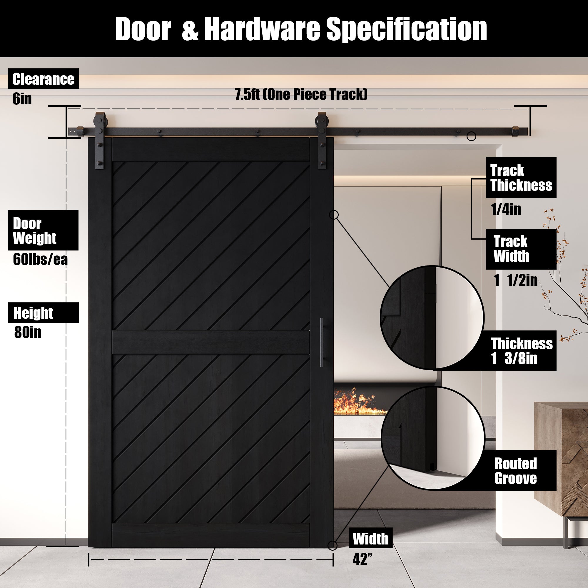 80" Height Black Slanted Stripe Design Unassembled & Finished Pine Wood Barn Door with Non-Bypass Installation Hardware Kit(Interior Use Only)