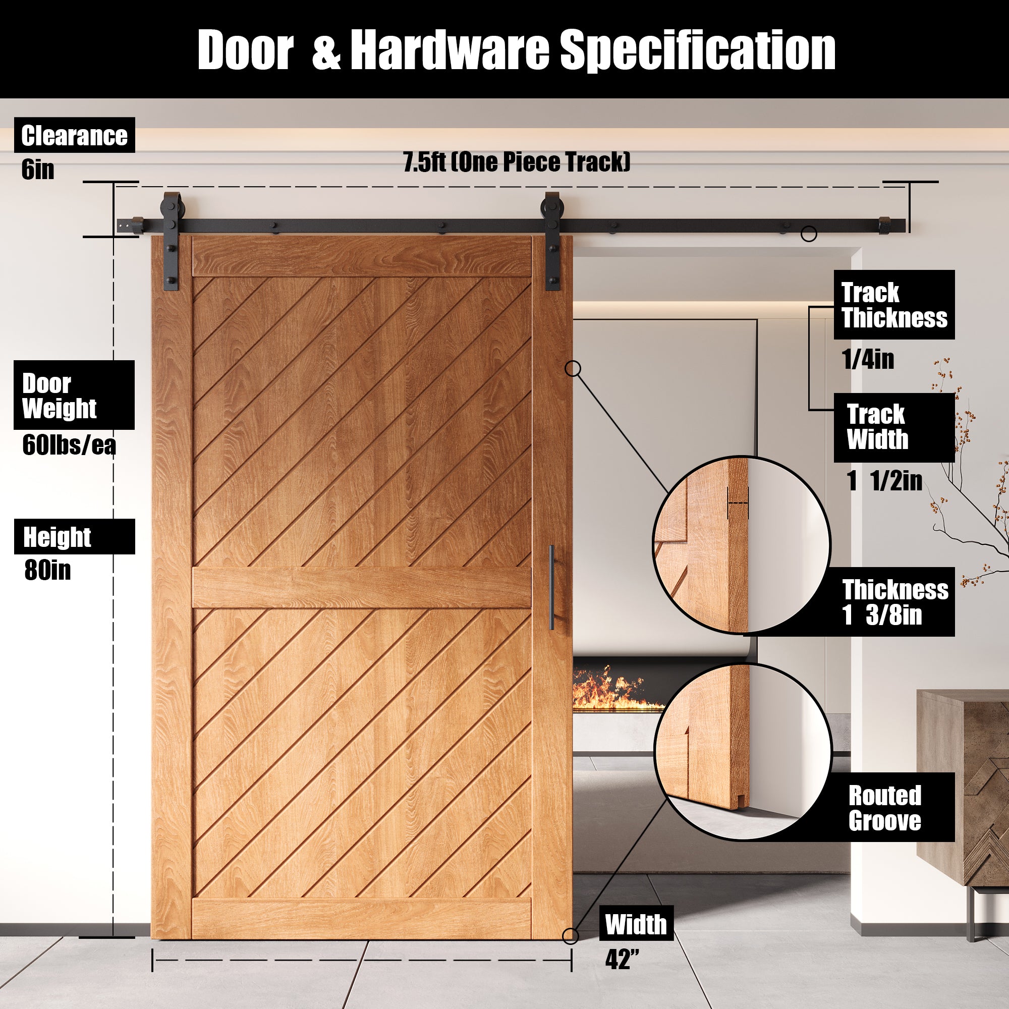 80" Height Early American Slanted Stripe Design Unassembled & Finished Pine Wood Barn Door with Non-Bypass Installation Hardware Kit(Interior Use Only)