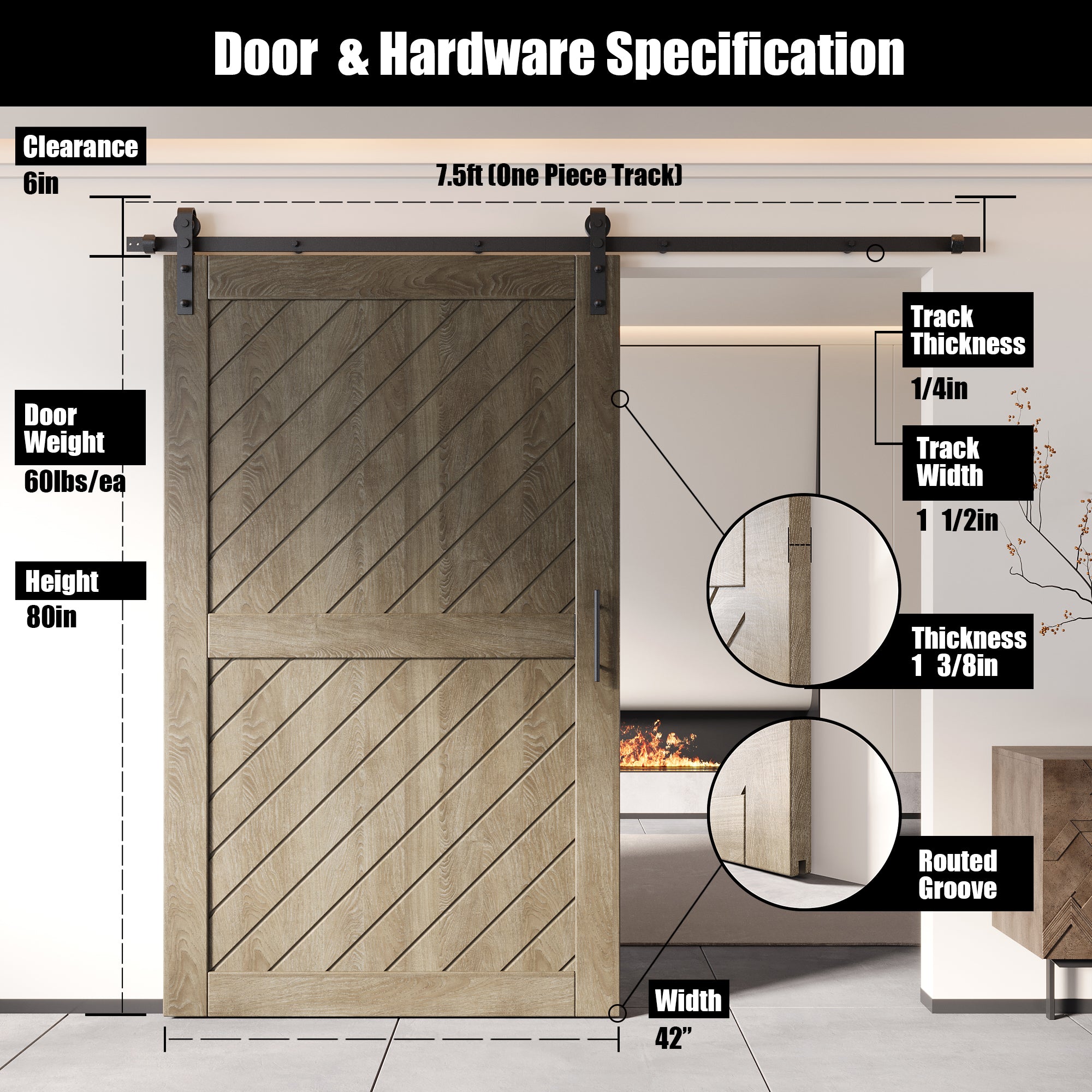 80" Height Classic Gray Slanted Stripe Design Unassembled & Finished Pine Wood Barn Door with Non-Bypass Installation Hardware Kit(Interior Use Only)