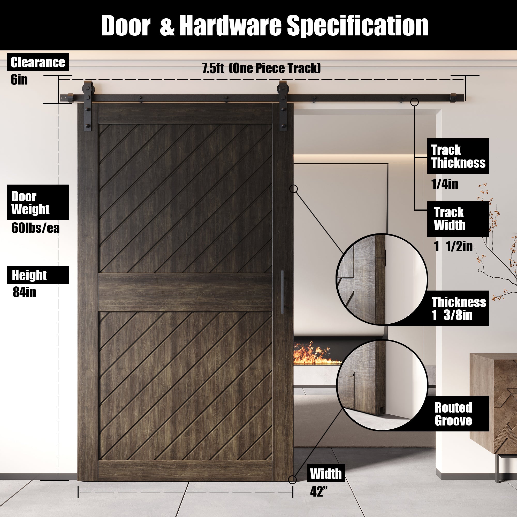 ebony slanted stripe pine barn door, 84-inch, finished