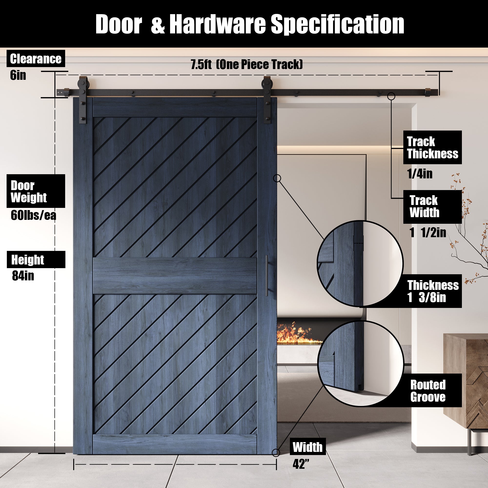 interior-use 84-inch navy slanted stripe pine barn door