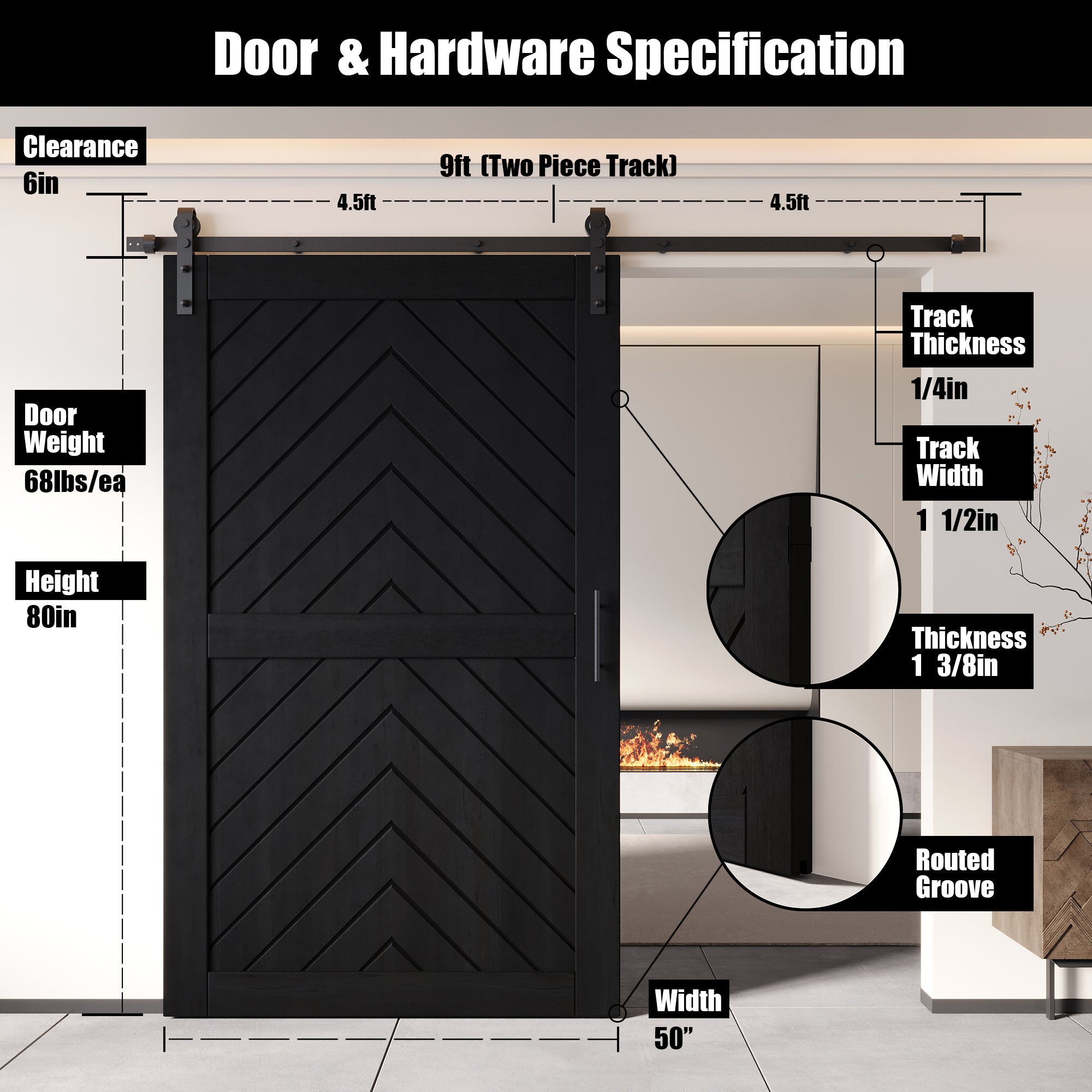 80" Height Black Fishbone Design Unassembled & Finished Pine Wood Barn Door with Non-Bypass Installation Hardware Kit(Interior Use Only)