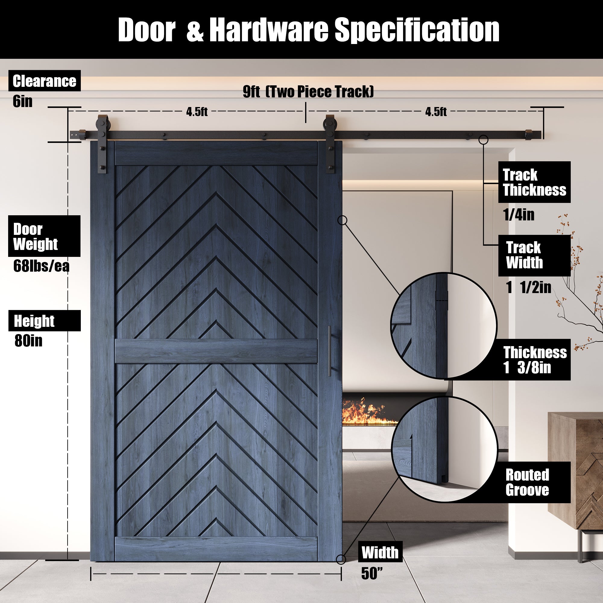 80" Height Navy Fishbone Design Unassembled & Finished Pine Wood Barn Door with Non-Bypass Installation Hardware Kit(Interior Use Only)