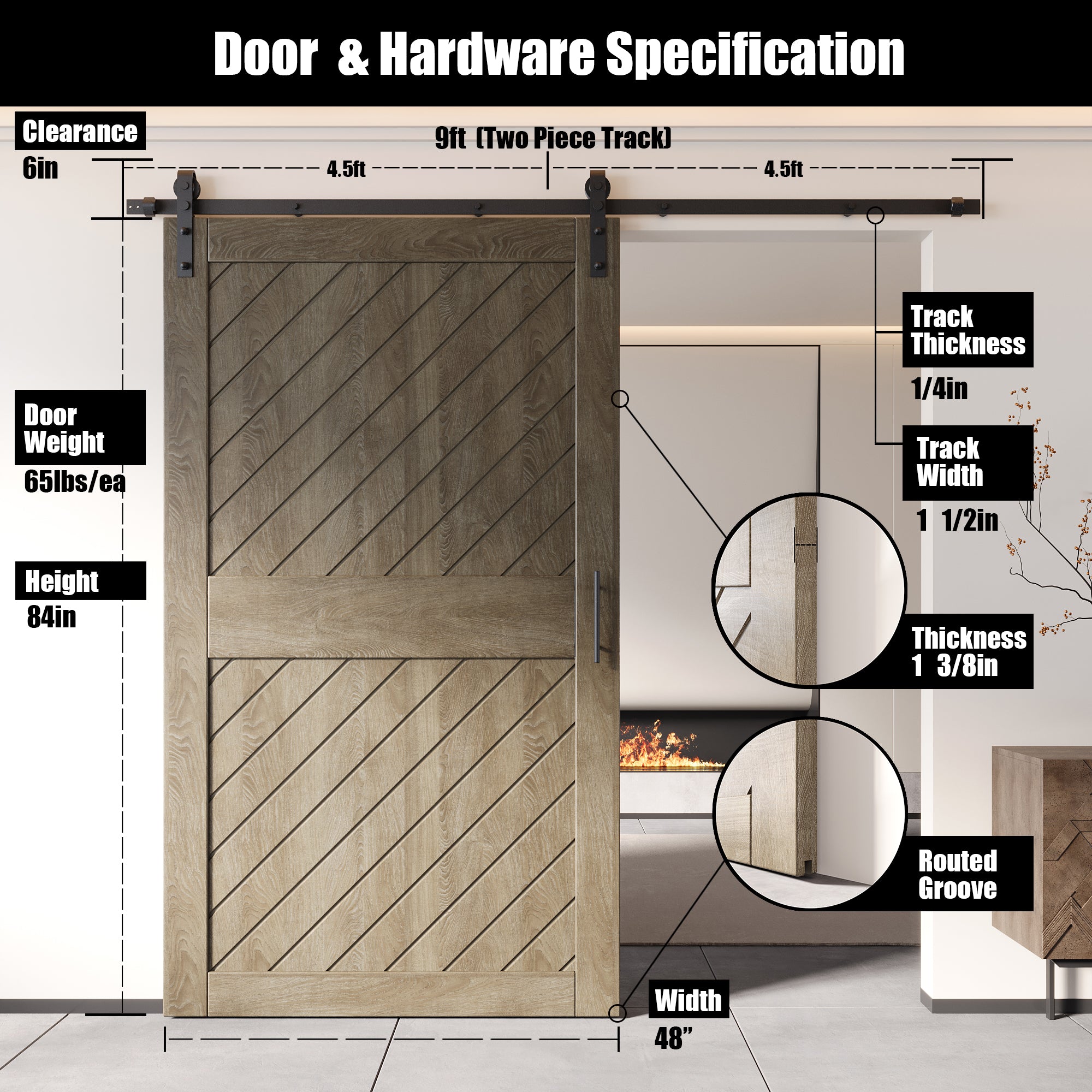 gray slanted stripe pine barn door, 84 inches