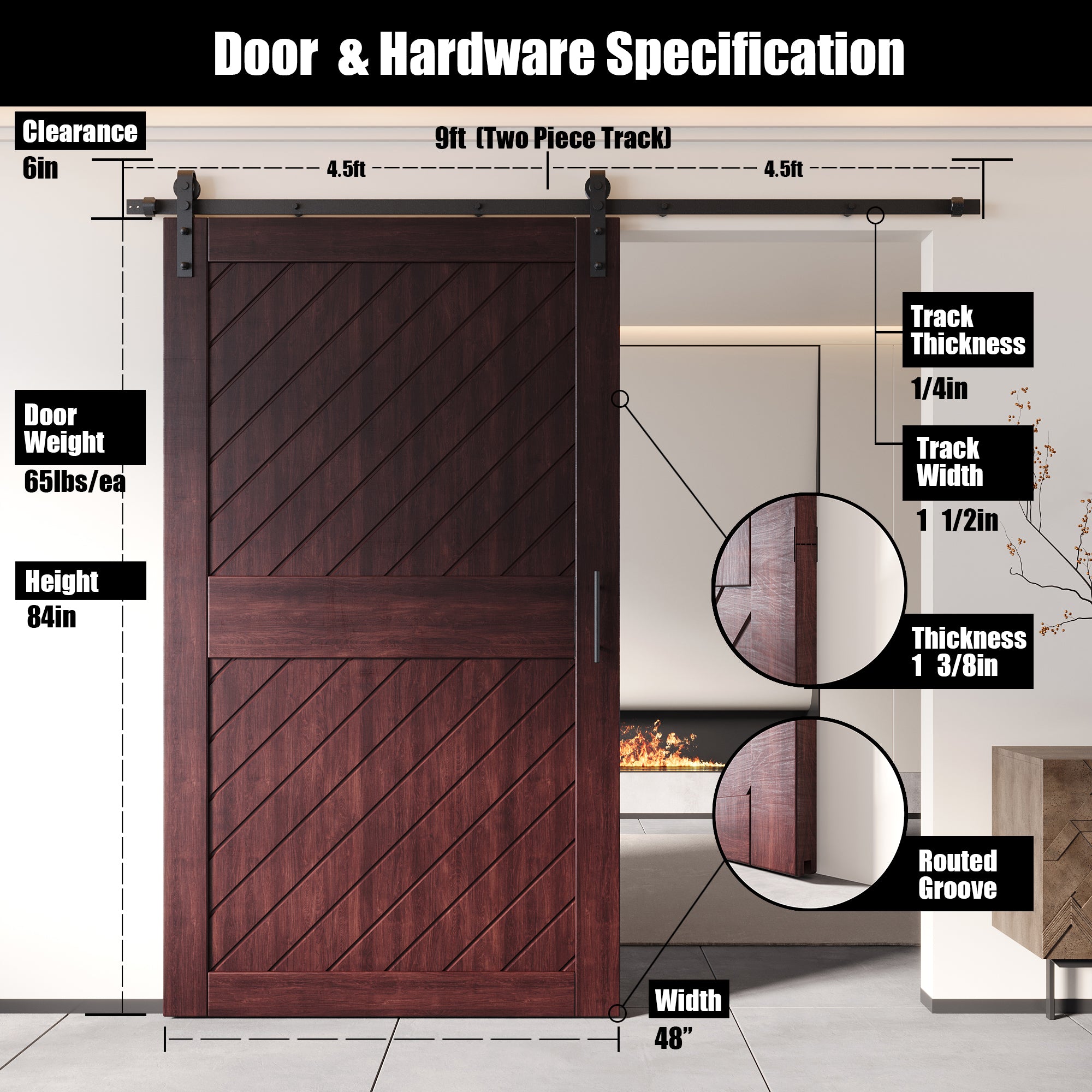 slanted stripe design red mahogany pine barn door, 84 inches