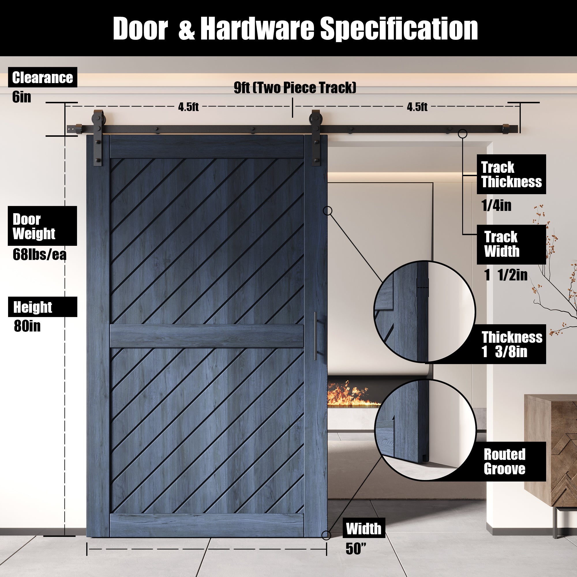 80" Height Navy Slanted Stripe Design Unassembled & Finished Pine Wood Barn Door with Non-Bypass Installation Hardware Kit(Interior Use Only)