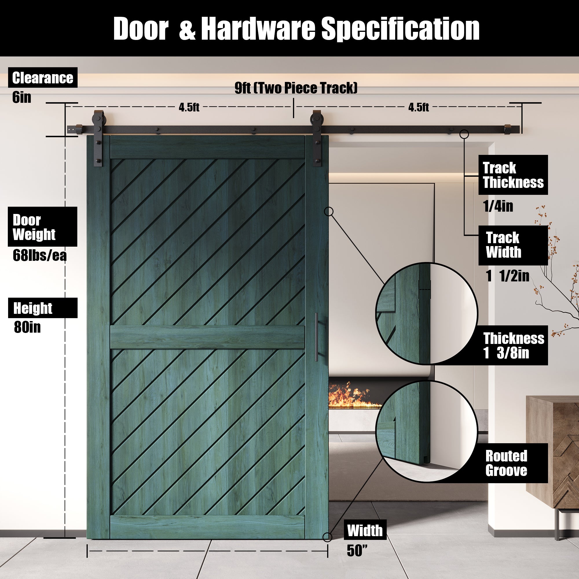 80" Height Royal Pine Slanted Stripe Design Unassembled & Finished Pine Wood Barn Door with Non-Bypass Installation Hardware Kit(Interior Use Only)