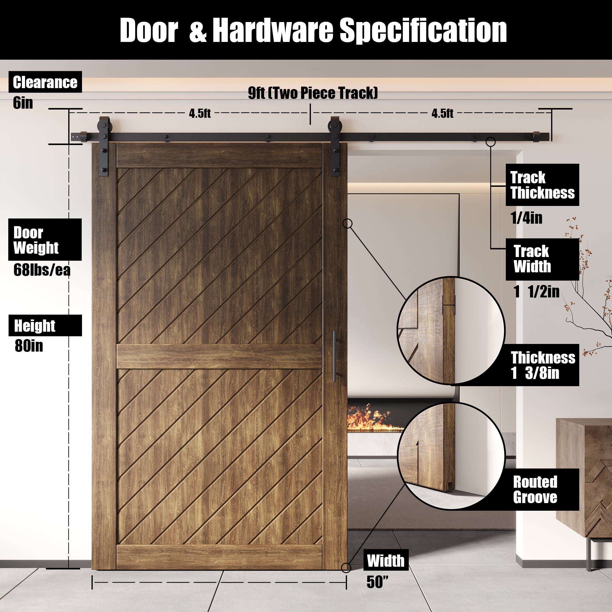 80" Height Dark Walnut Slanted Stripe Design Unassembled & Finished Pine Wood Barn Door with Non-Bypass Installation Hardware Kit(Interior Use Only)