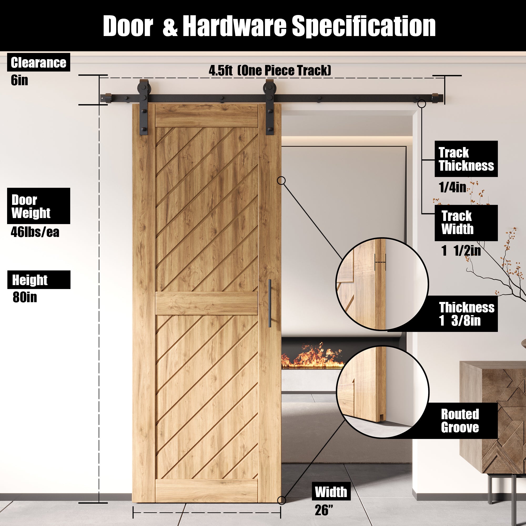 80" Height Slanted Stripe Design Unassembled & Unfinished Pine Wood Barn Door with Non-Bypass Installation Hardware Kit(Interior Use Only)