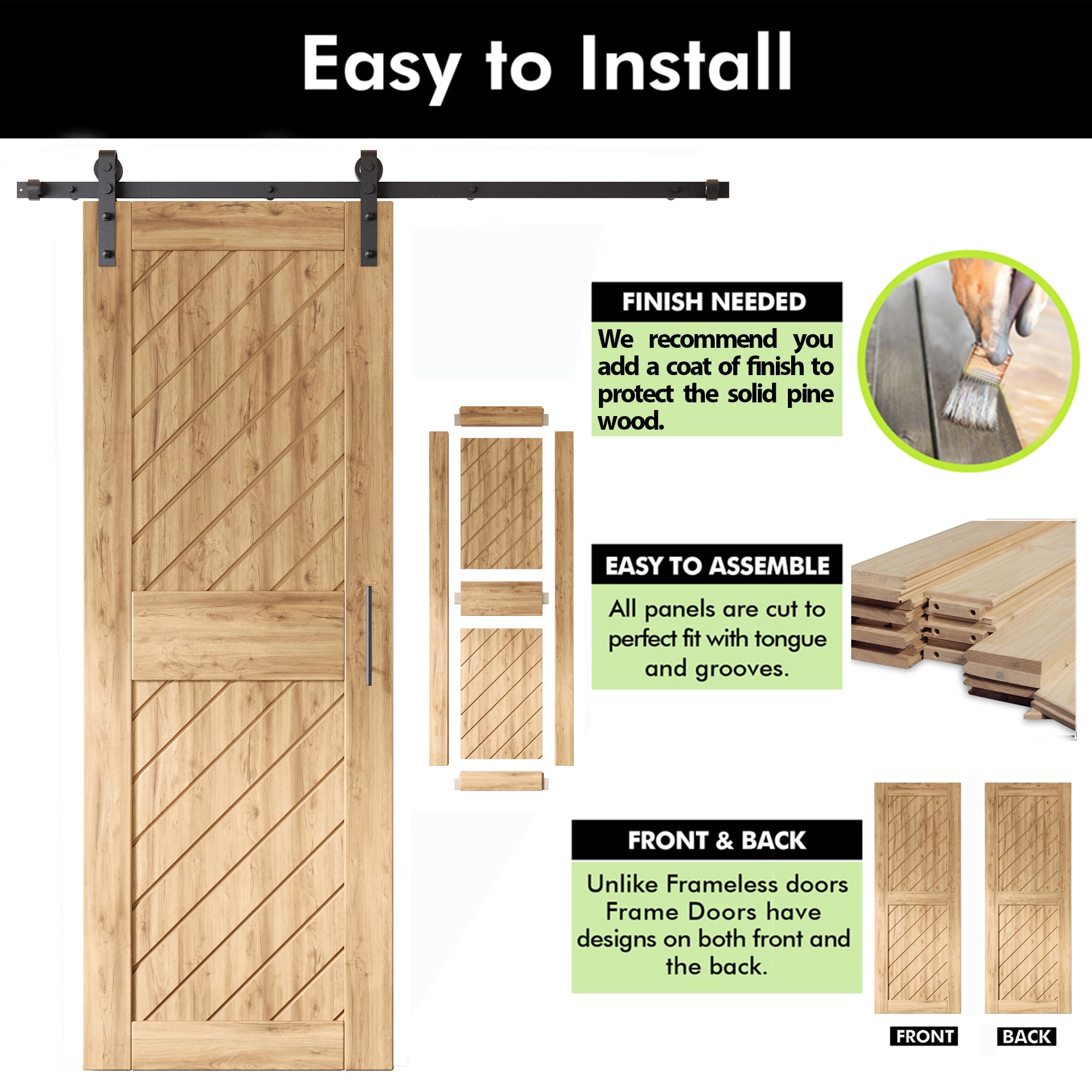 84" Height Slanted Stripe Design Unassembled & Unfinished Double Pine Wood Barn Door with Non-Bypass Installation Hardware Kit(Interior Use Only)