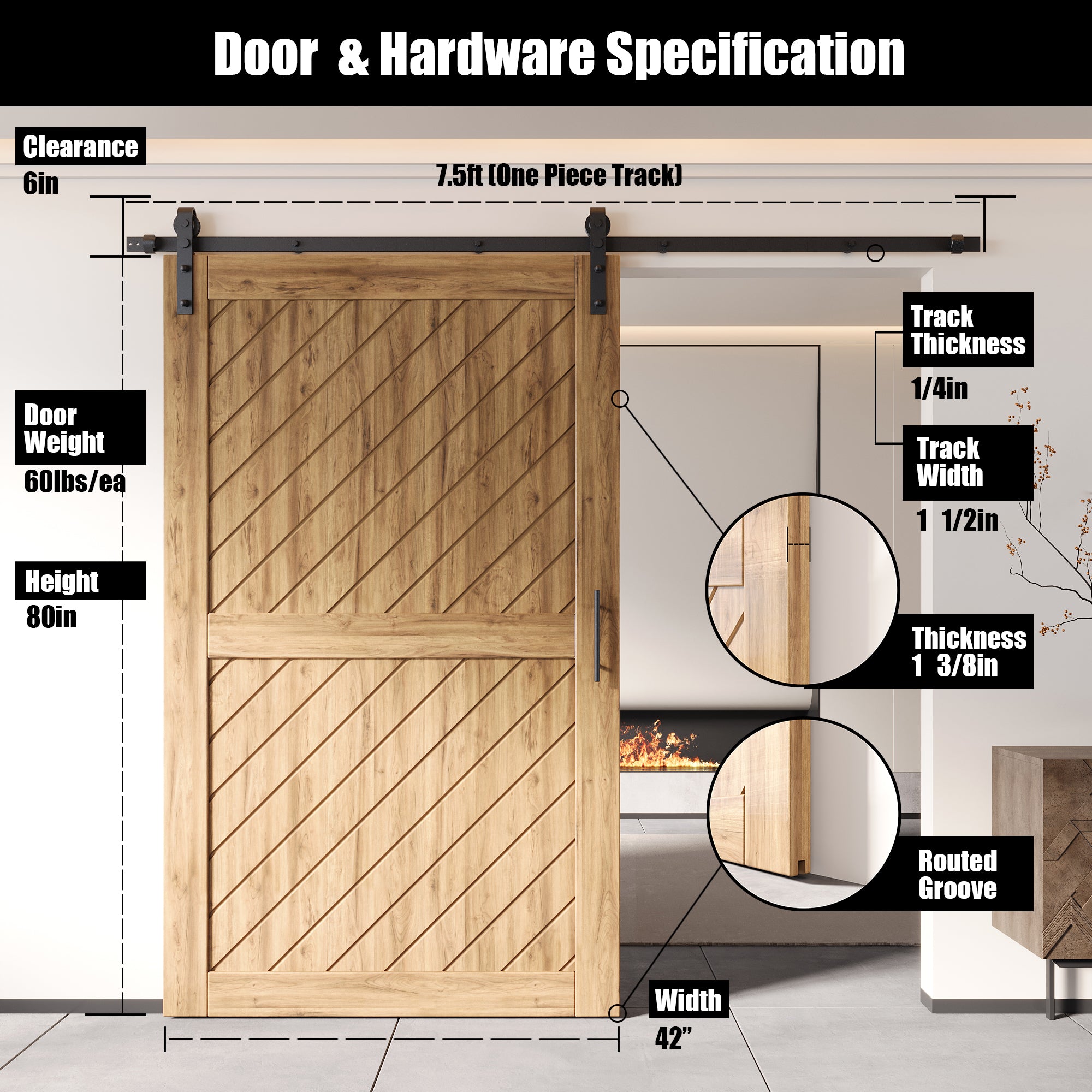 80" Height Slanted Stripe Design Unassembled & Unfinished Pine Wood Barn Door with Non-Bypass Installation Hardware Kit(Interior Use Only)