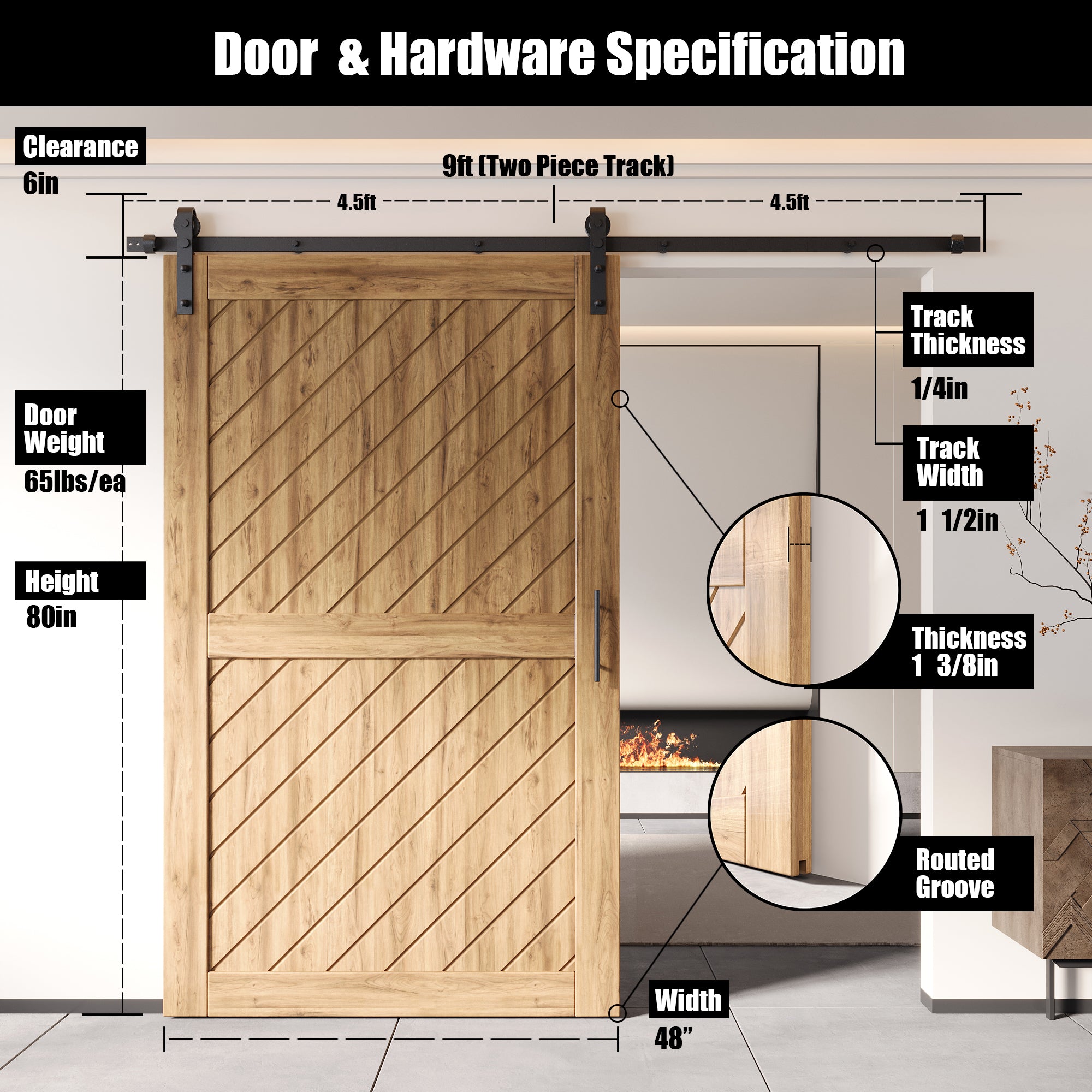 80" Height Slanted Stripe Design Unassembled & Unfinished Pine Wood Barn Door with Non-Bypass Installation Hardware Kit(Interior Use Only)