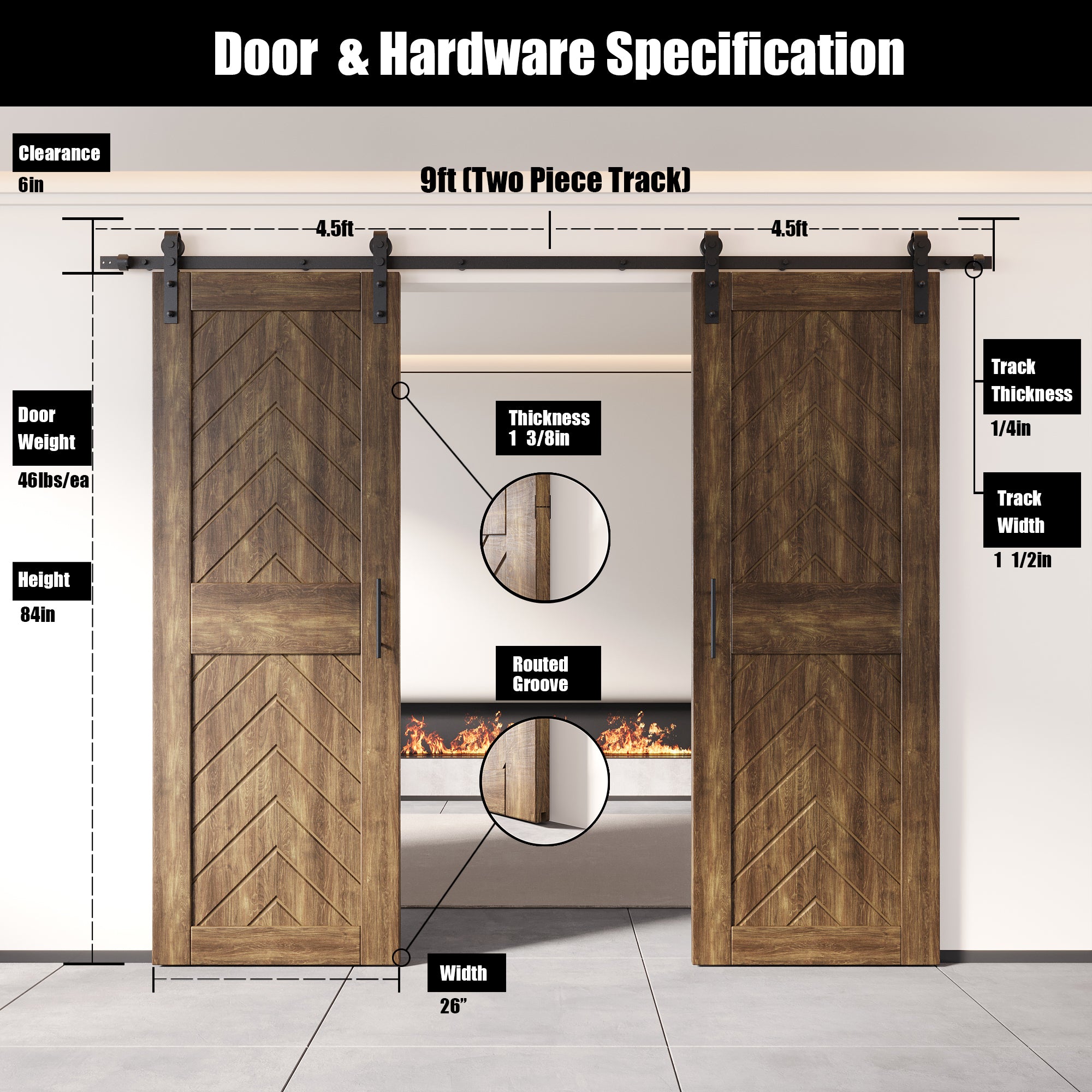 sliding barn door hardware kit with two doors pine wood barn door dark walnut fishbone design