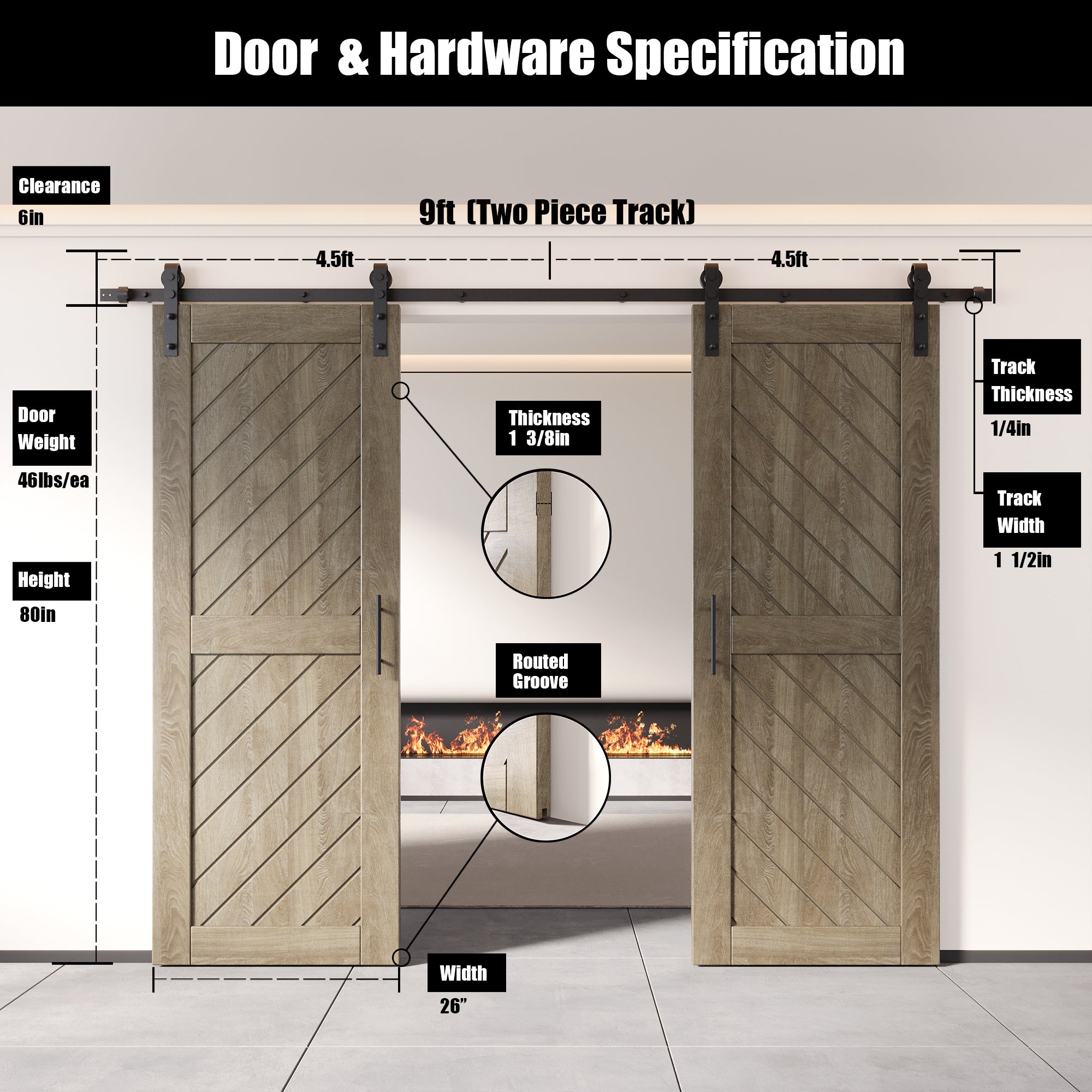 80" Height Classic Gray Slanted Stripe Design Unassembled & Finished Double Pine Wood Barn Door with Non-Bypass Installation Hardware Kit(Interior Use Only)