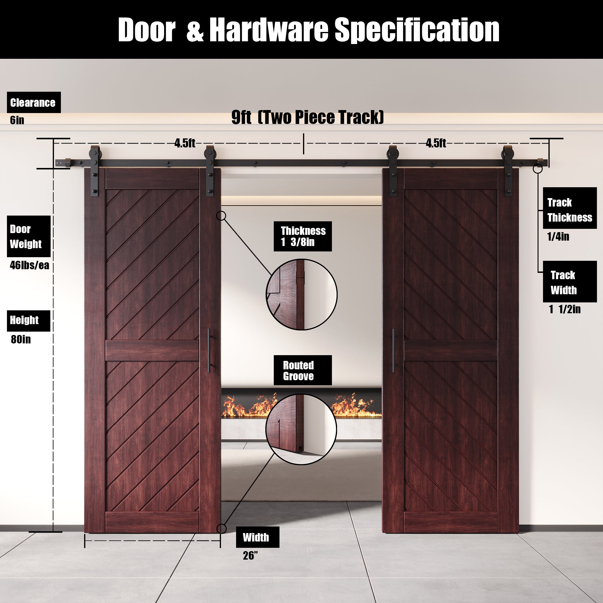 interior-use red mahogany double barn door, non-bypass