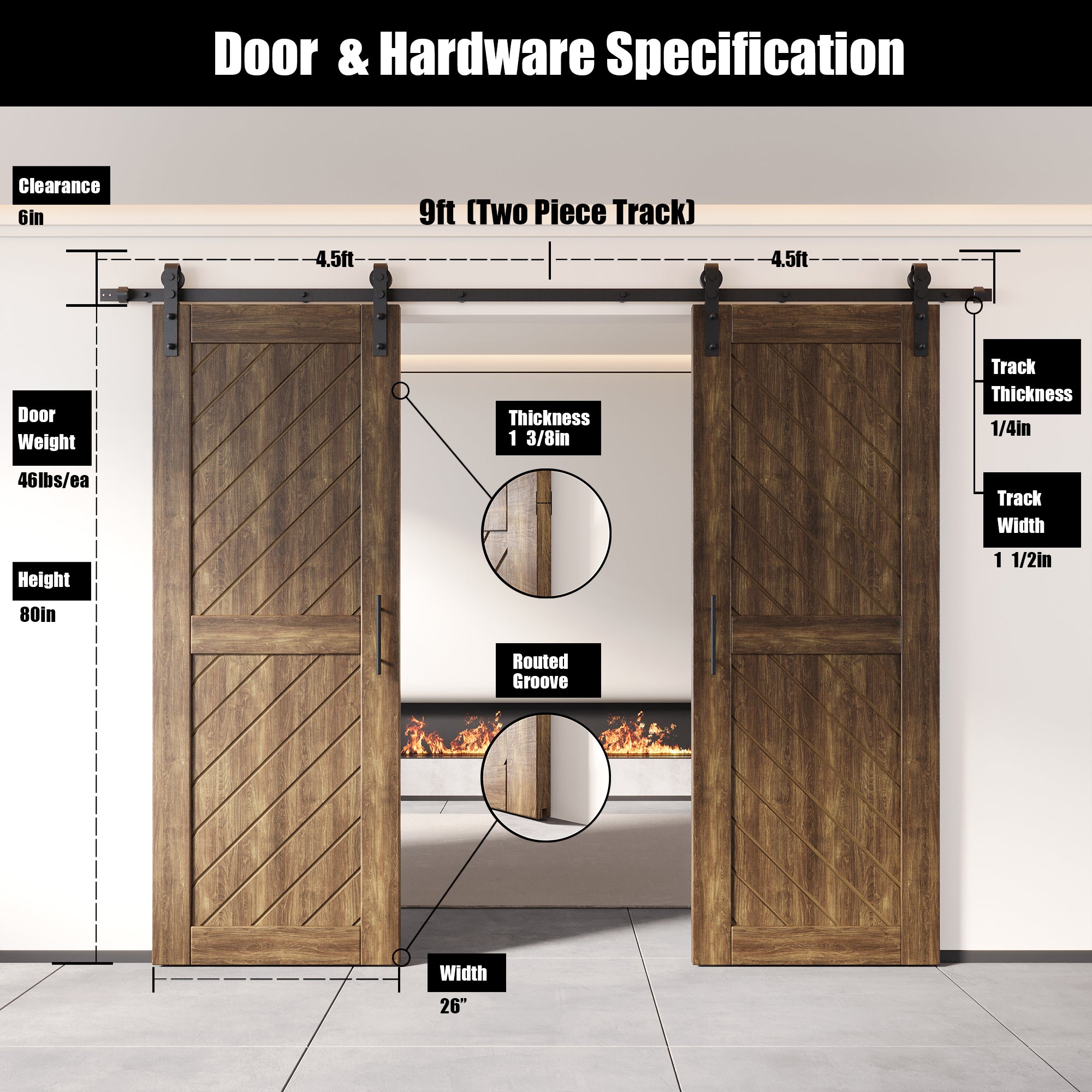 80" Height Dark Walnut Slanted Stripe Design Unassembled & Finished Double Pine Wood Barn Door with Non-Bypass Installation Hardware Kit(Interior Use Only)