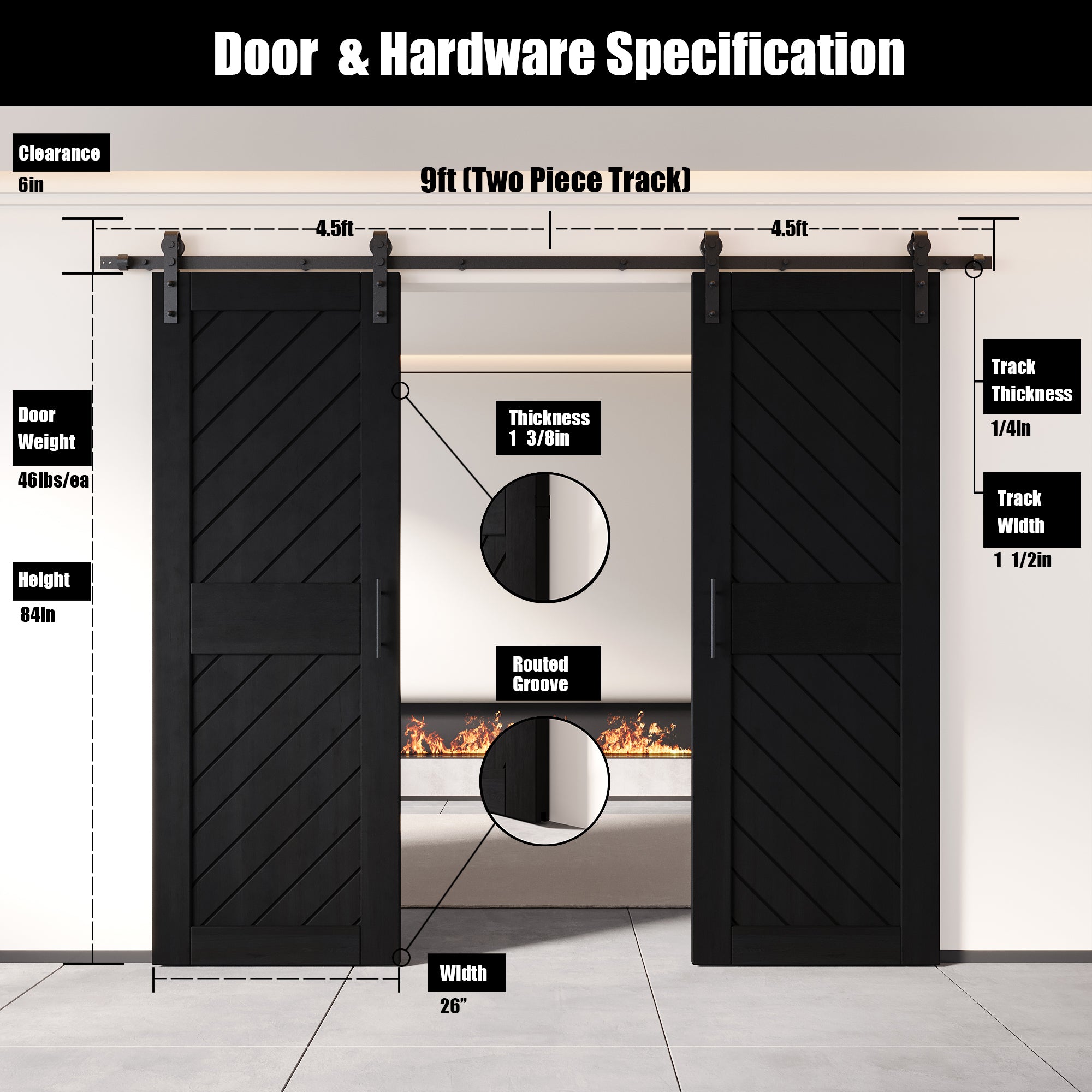 84" Height Black Slanted Stripe Design Unassembled & Finished Double Pine Wood Barn Door with Non-Bypass Installation Hardware Kit(Interior Use Only)