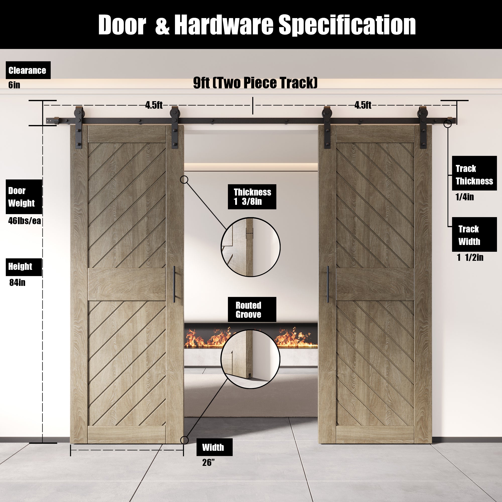 84" Height Classic Gray Slanted Stripe Design Unassembled & Finished Double Pine Wood Barn Door with Non-Bypass Installation Hardware Kit(Interior Use Only)