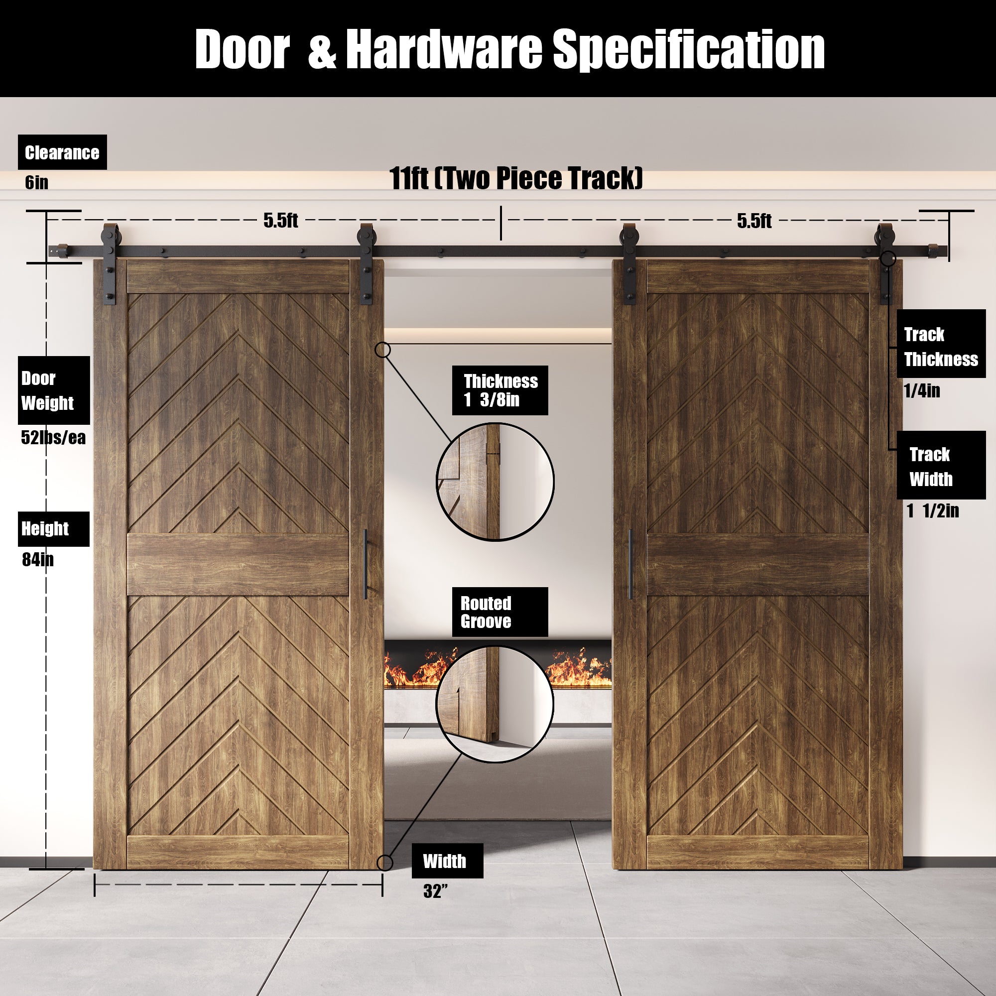 sliding barn door hardware kit with two doors pine wood barn door dark walnut fishbone design