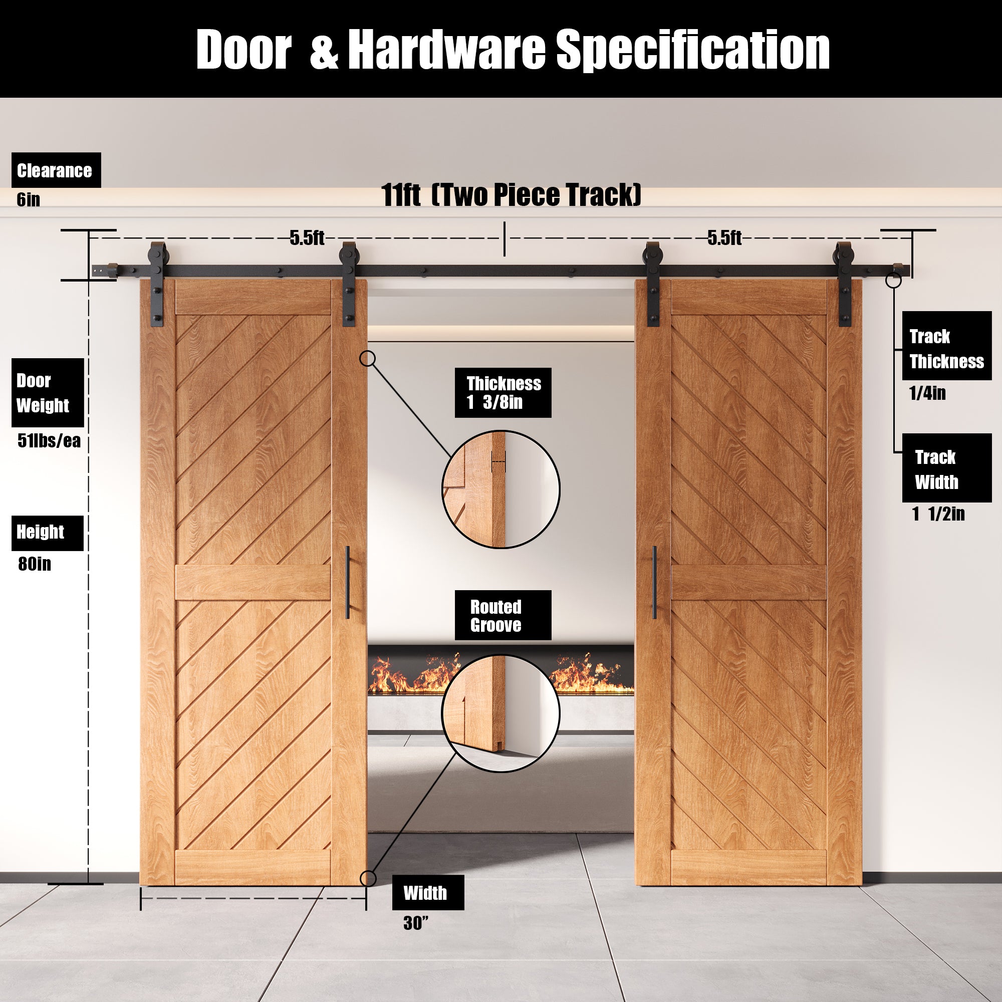 80" Height Early American Slanted Stripe Design Unassembled & Finished Double Pine Wood Barn Door with Non-Bypass Installation Hardware Kit(Interior Use Only)