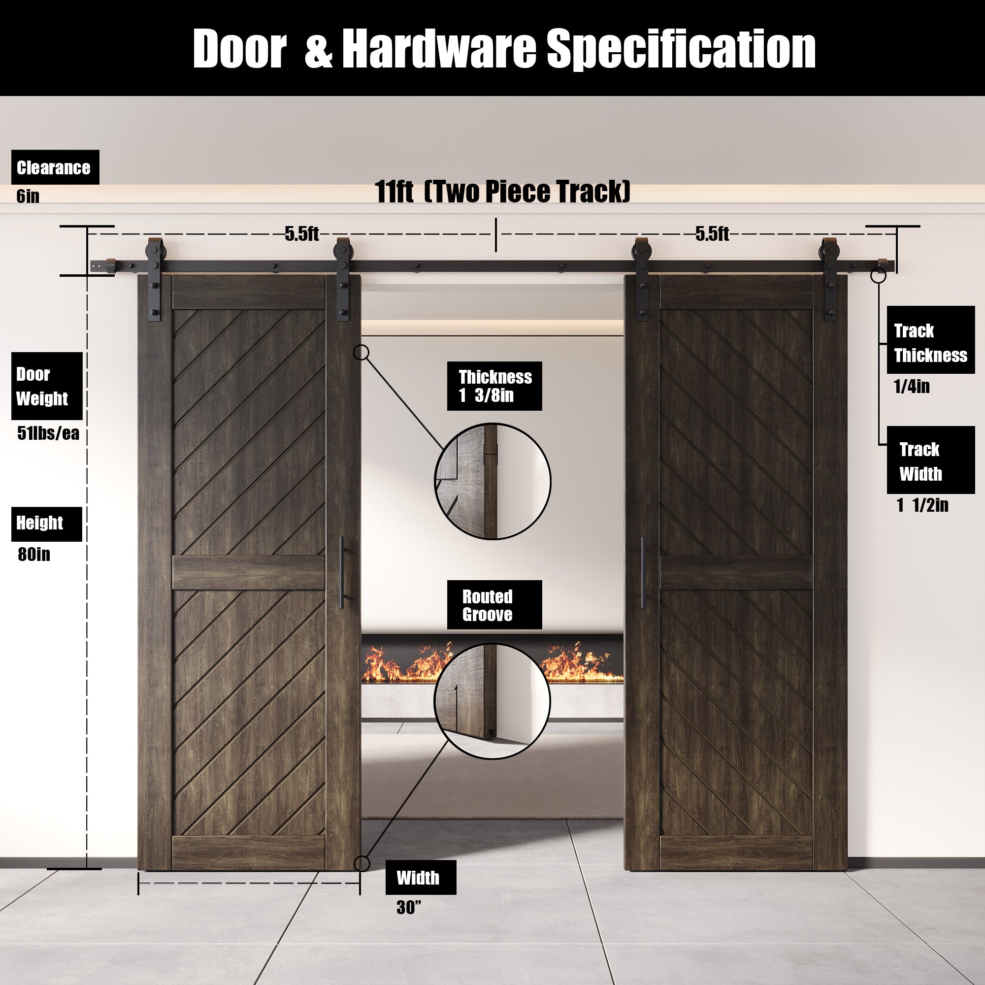 80" Height Ebony Slanted Stripe Design Unassembled & Finished Double Pine Wood Barn Door with Non-Bypass Installation Hardware Kit(Interior Use Only)