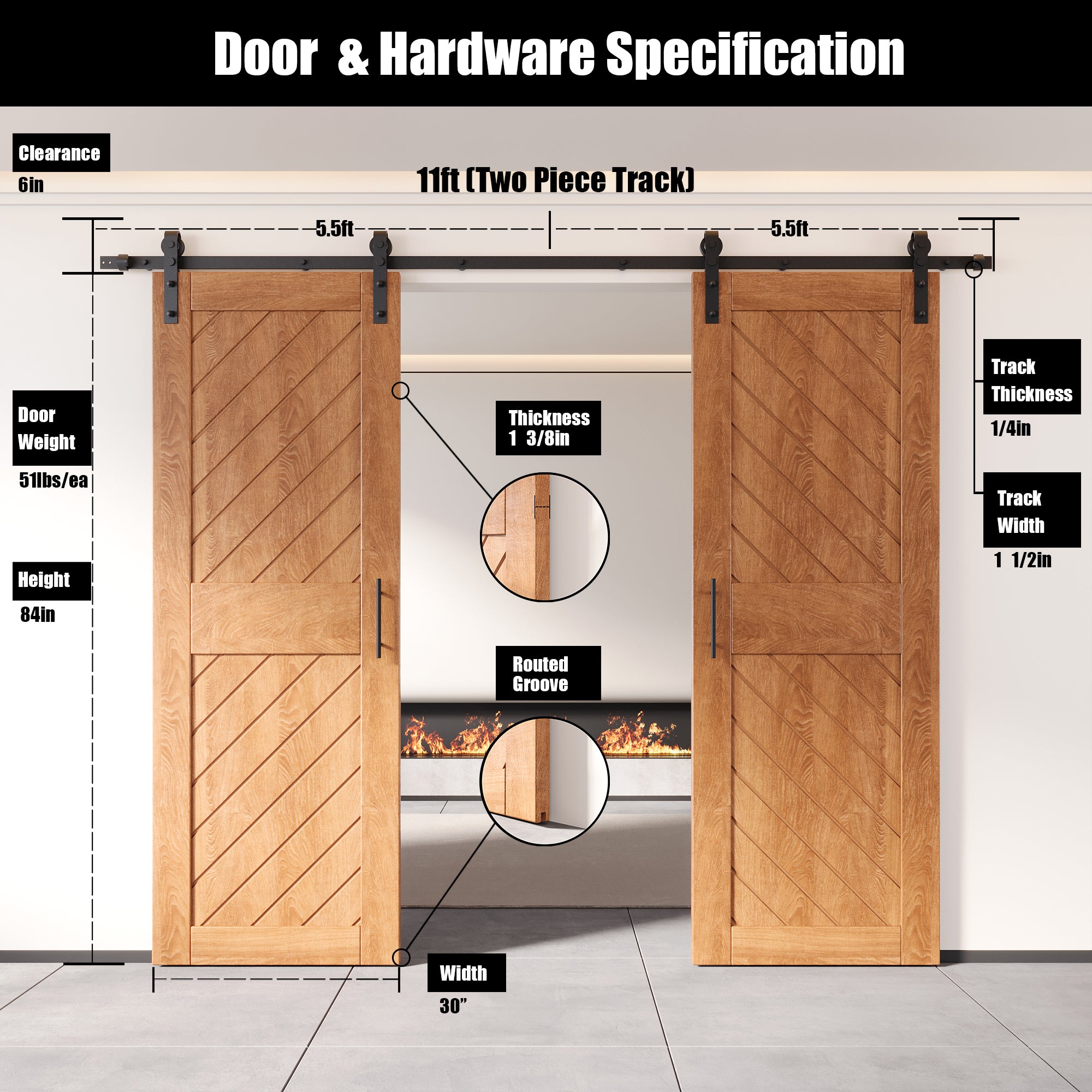 84" Height Early American Slanted Stripe Design Unassembled & Finished Double Pine Wood Barn Door with Non-Bypass Installation Hardware Kit(Interior Use Only)