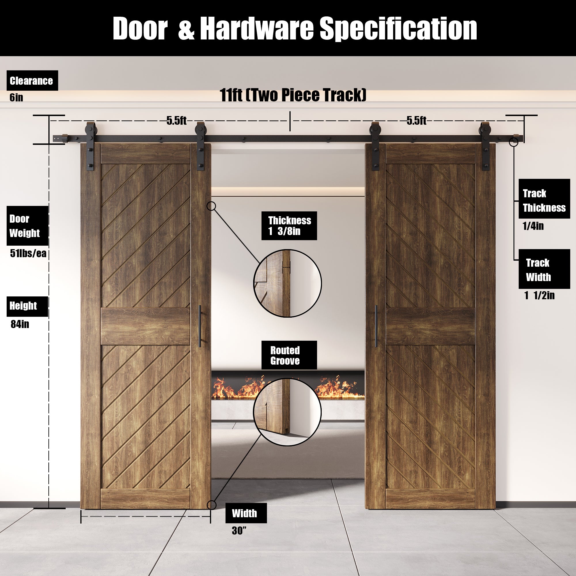 84" Height Dark Walnut Slanted Stripe Design Unassembled & Finished Double Pine Wood Barn Door with Non-Bypass Installation Hardware Kit(Interior Use Only)