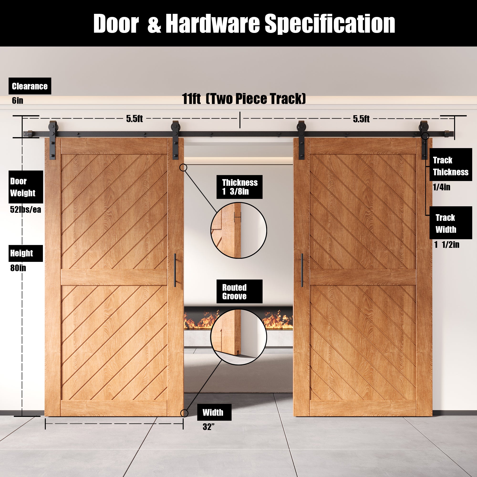 80" Height Early American Slanted Stripe Design Unassembled & Finished Double Pine Wood Barn Door with Non-Bypass Installation Hardware Kit(Interior Use Only)