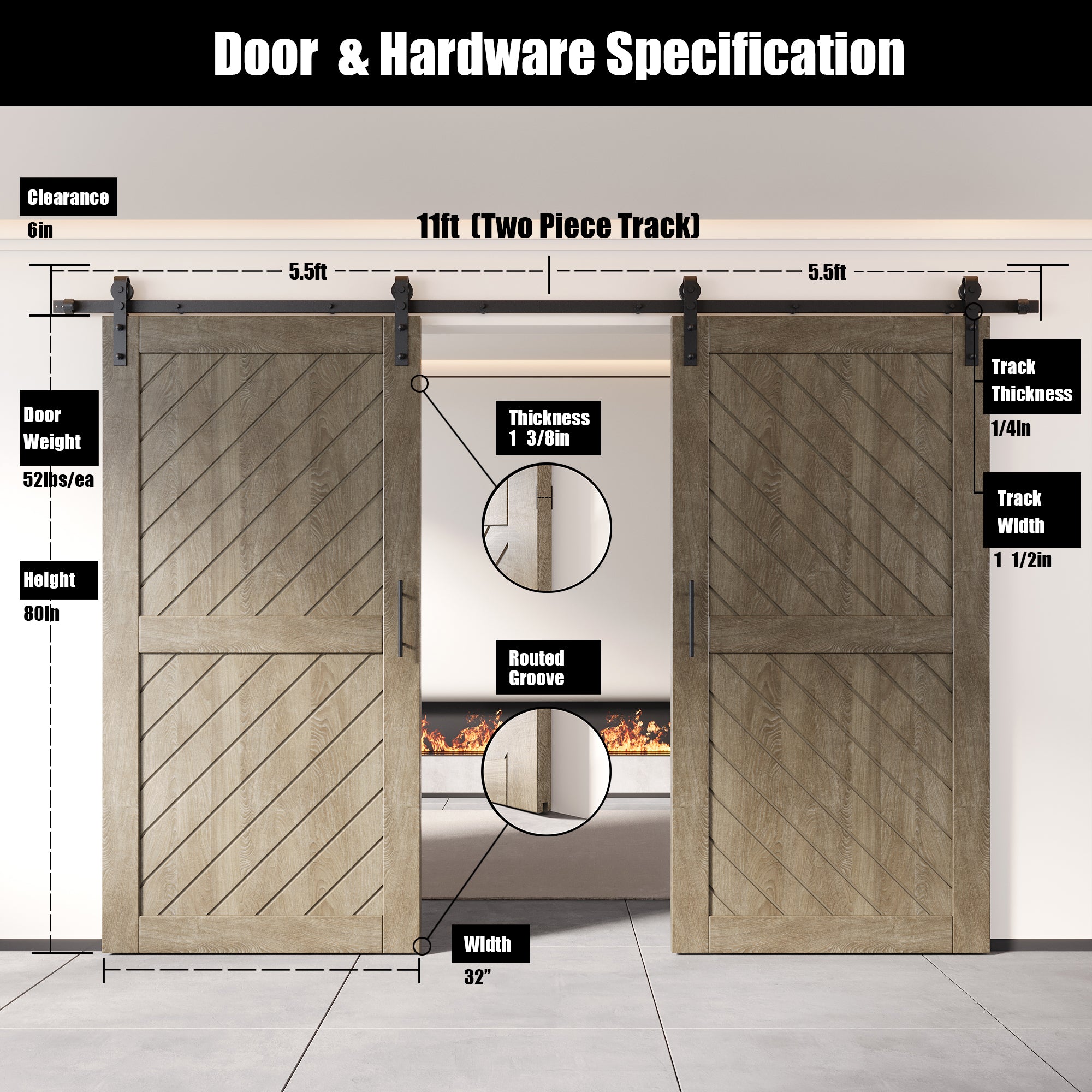 80" Height Classic Gray Slanted Stripe Design Unassembled & Finished Double Pine Wood Barn Door with Non-Bypass Installation Hardware Kit(Interior Use Only)