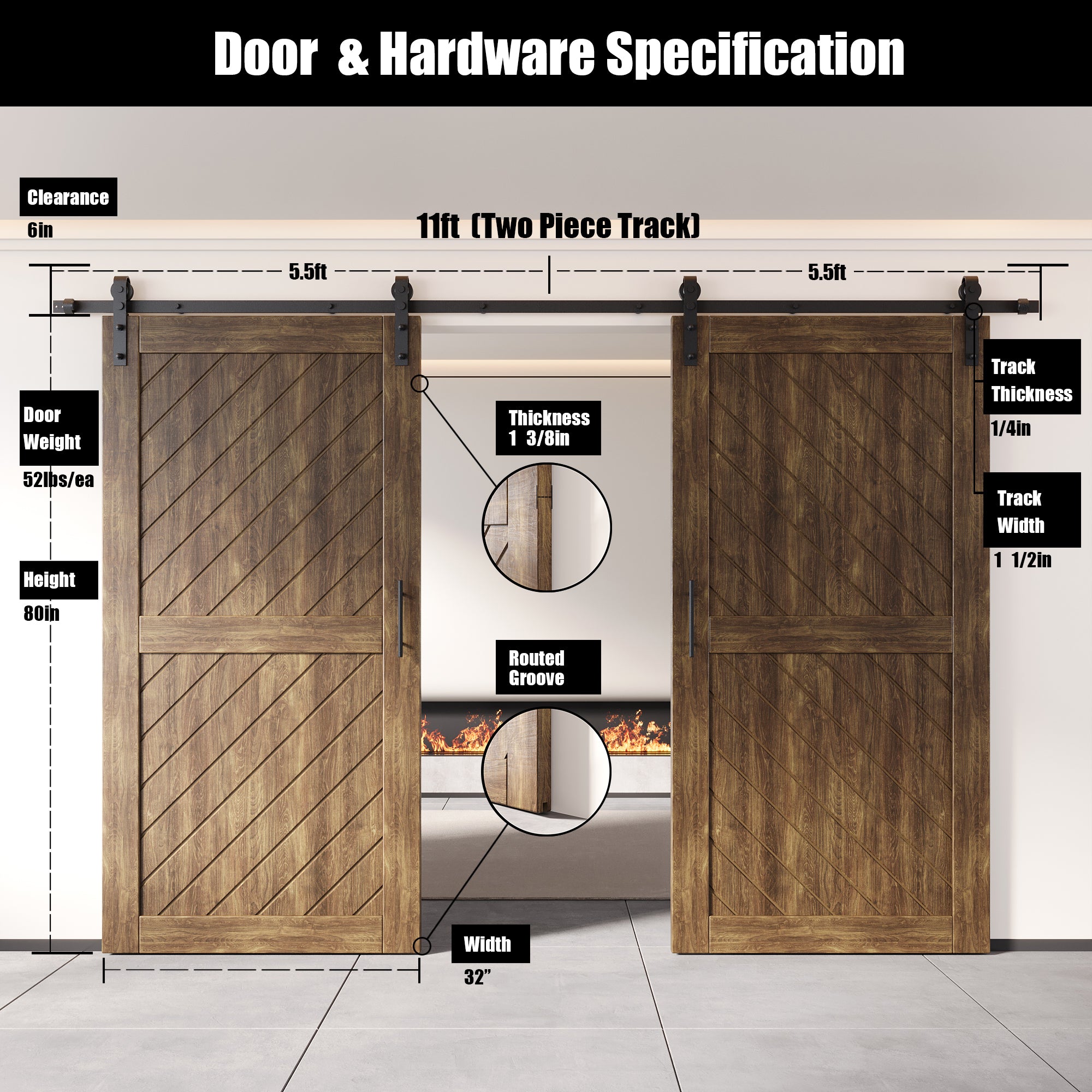 80" Height Dark Walnut Slanted Stripe Design Unassembled & Finished Double Pine Wood Barn Door with Non-Bypass Installation Hardware Kit(Interior Use Only)