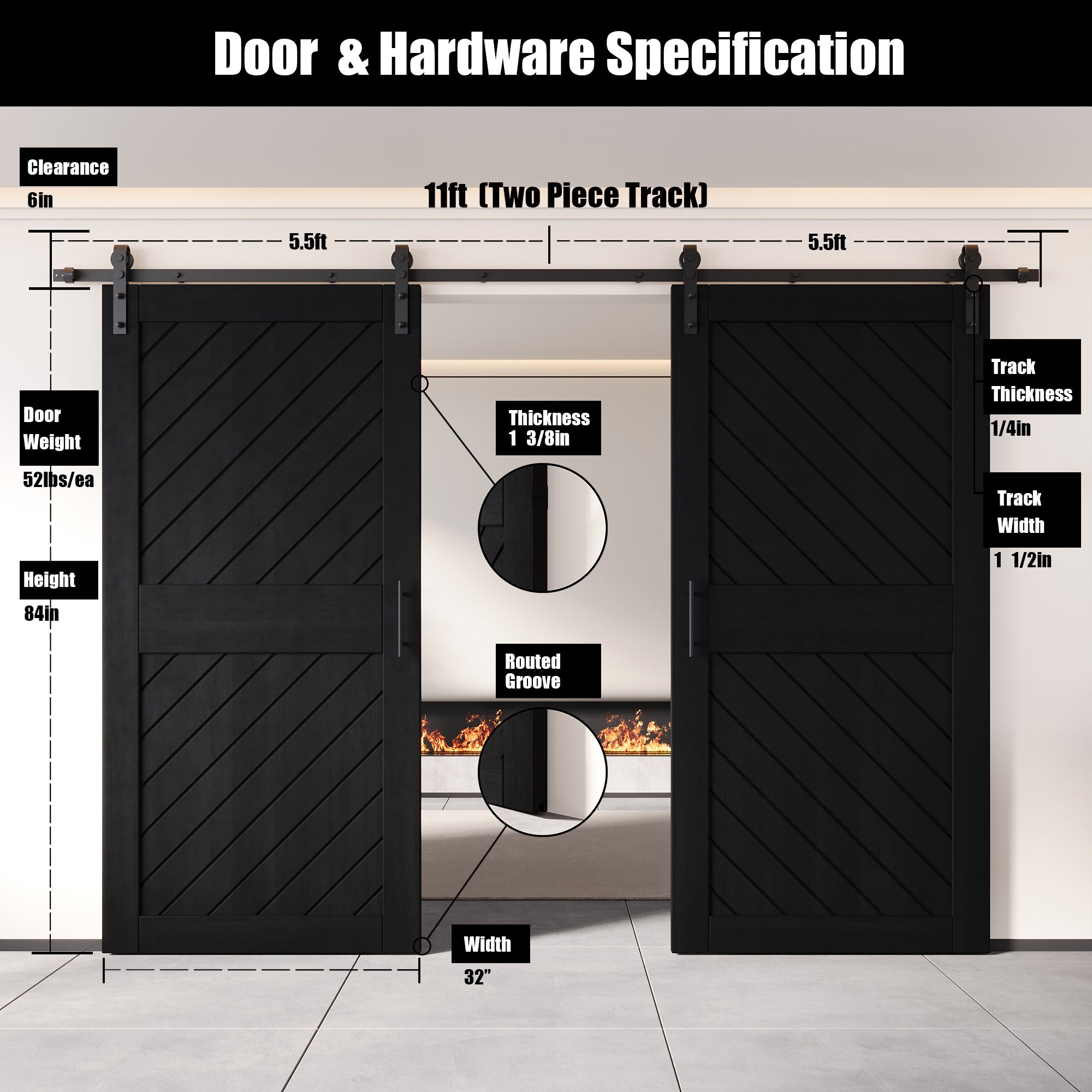 84" Height Black Slanted Stripe Design Unassembled & Finished Double Pine Wood Barn Door with Non-Bypass Installation Hardware Kit(Interior Use Only)