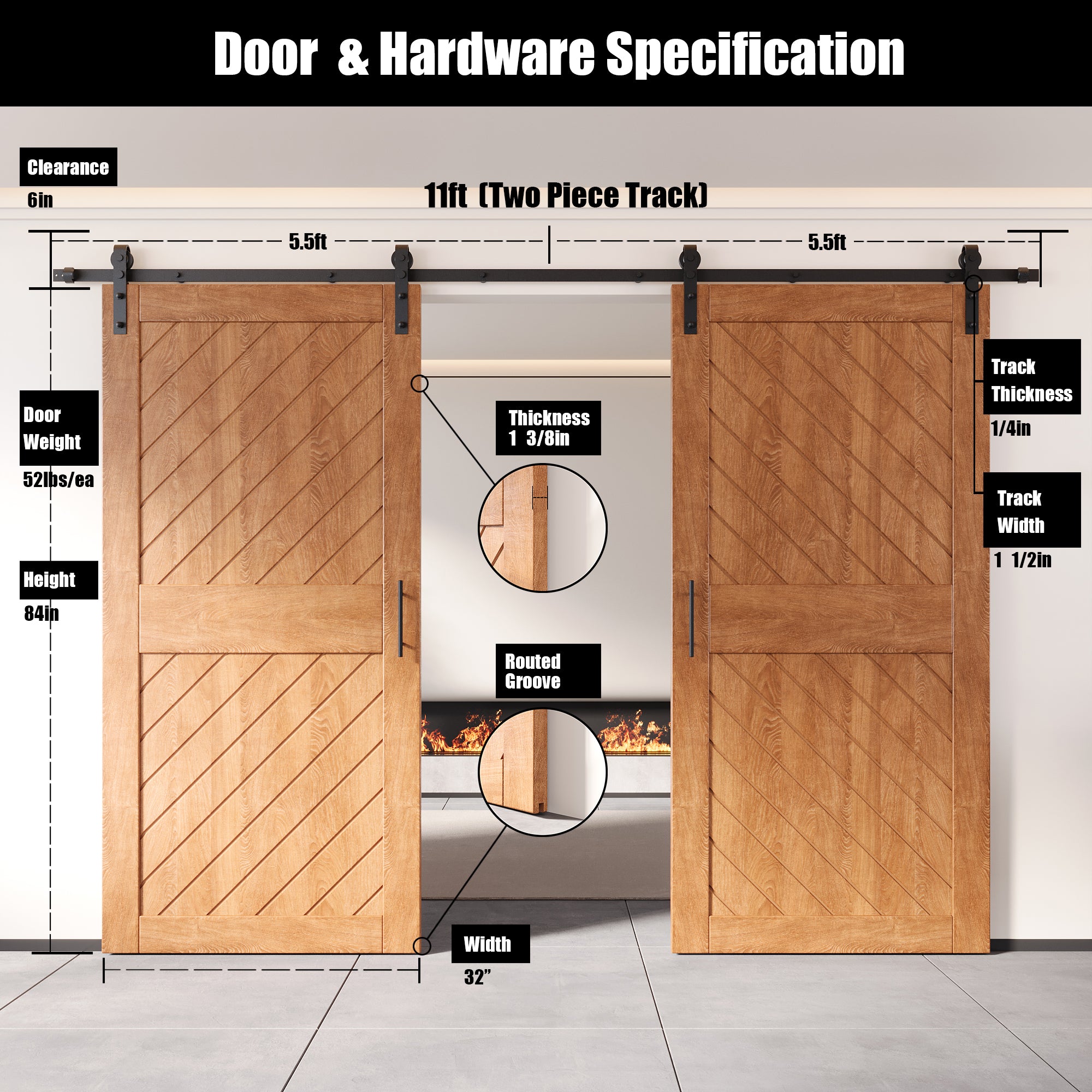 84" Height Early American Slanted Stripe Design Unassembled & Finished Double Pine Wood Barn Door with Non-Bypass Installation Hardware Kit(Interior Use Only)