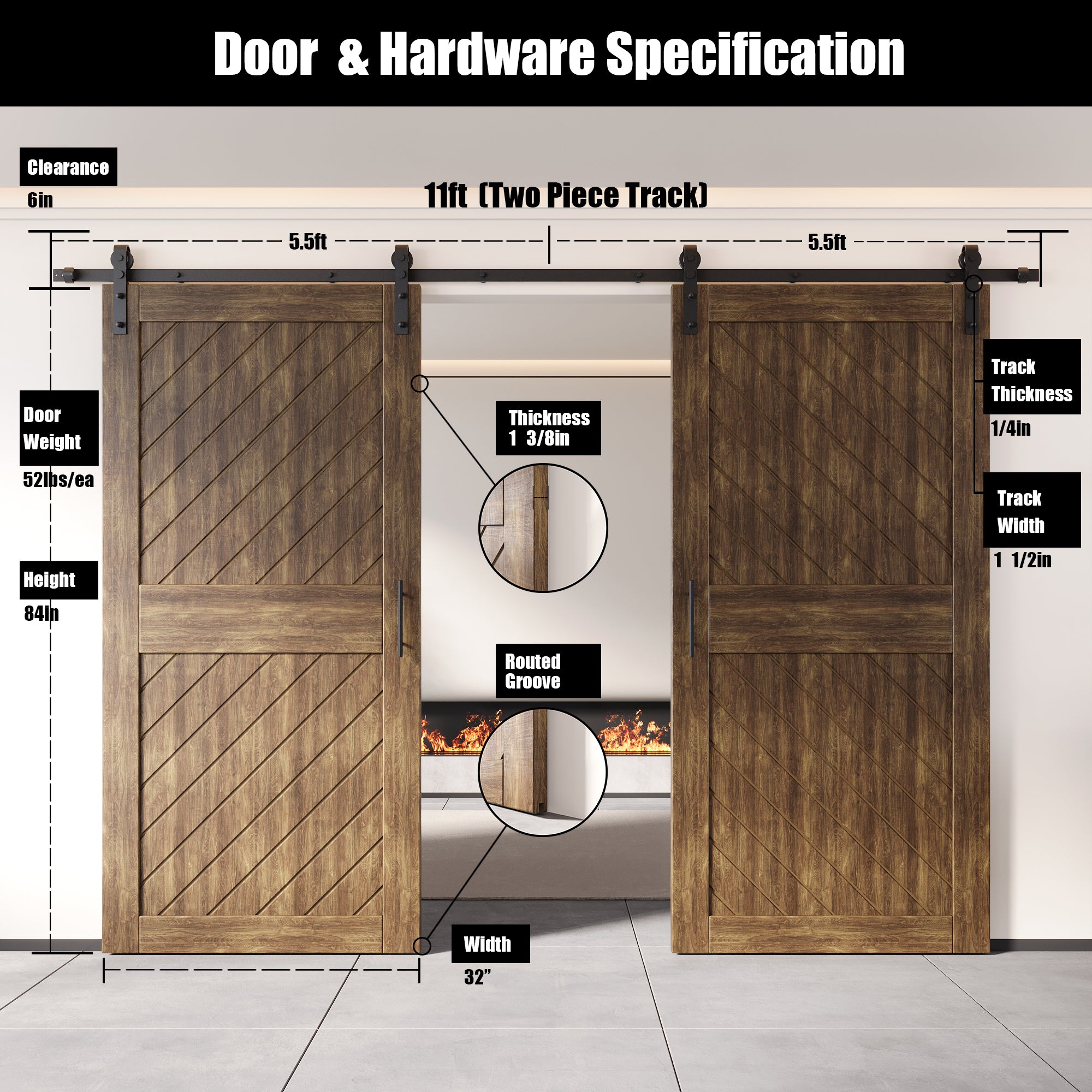 84" Height Dark Walnut Slanted Stripe Design Unassembled & Finished Double Pine Wood Barn Door with Non-Bypass Installation Hardware Kit(Interior Use Only)