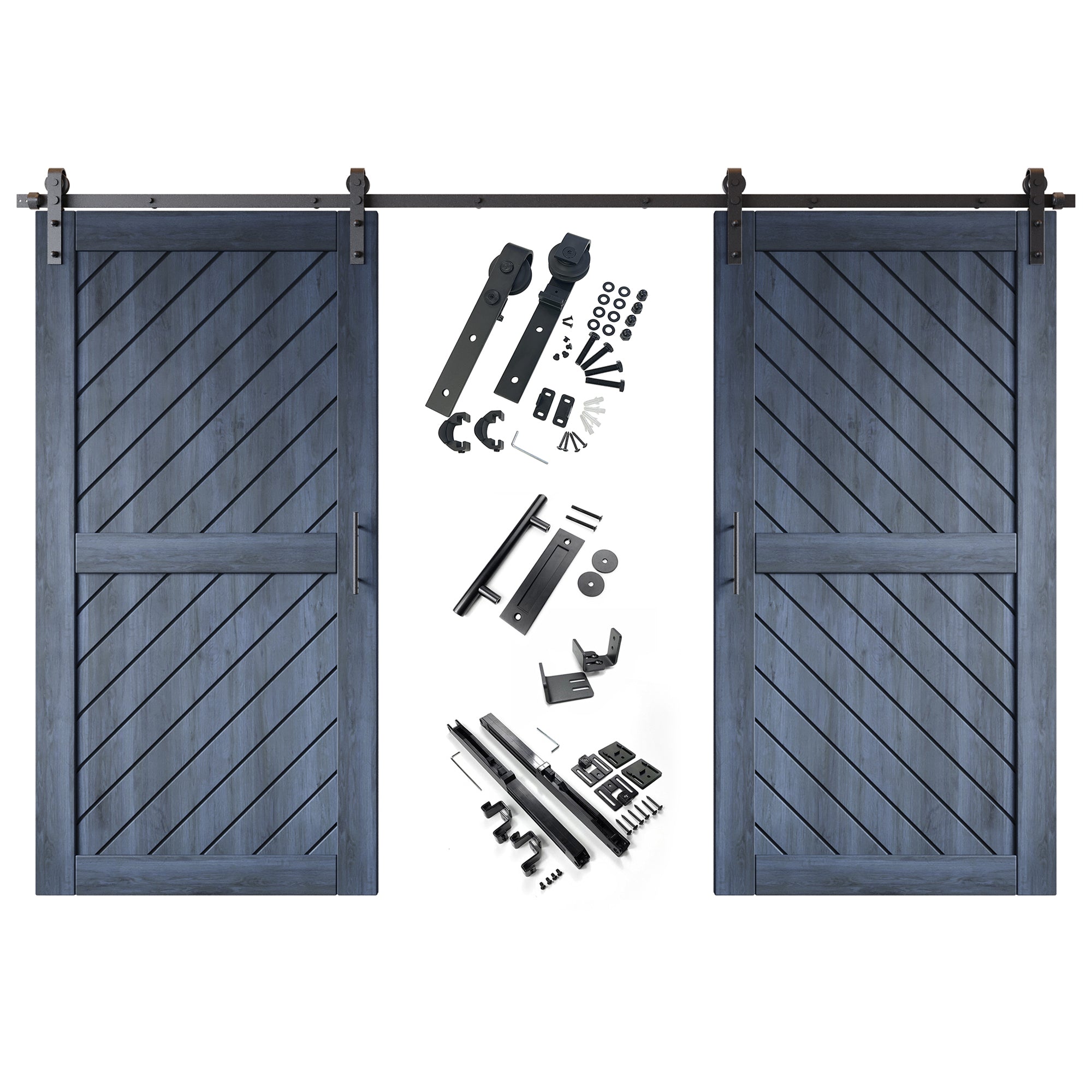 80" Height Navy Slanted Stripe Design Unassembled & Finished Double Pine Wood Barn Door with Non-Bypass Installation Hardware Kit(Interior Use Only)