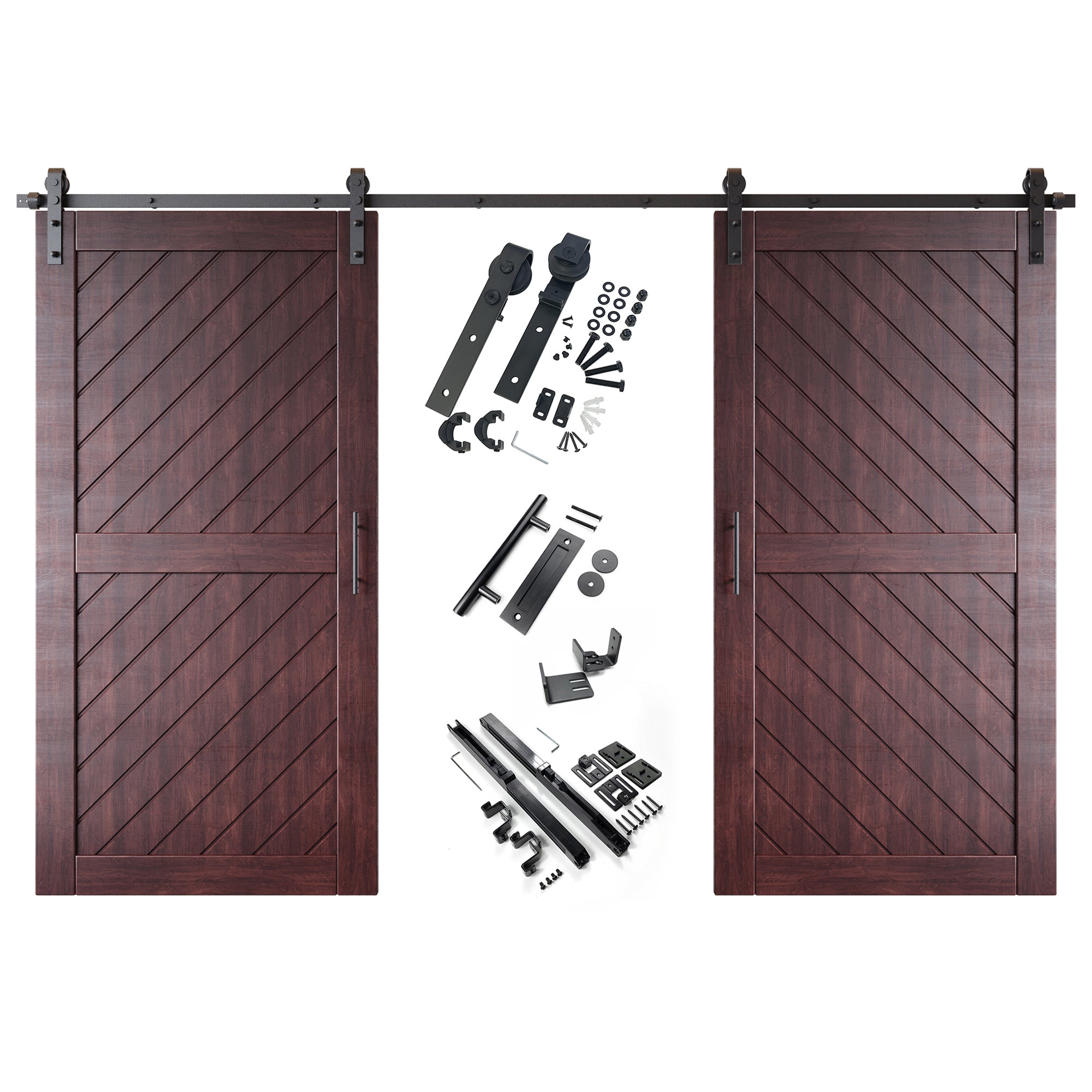 80" Height Red Mahogany Slanted Stripe Design Unassembled & Finished Double Pine Wood Barn Door with Non-Bypass Installation Hardware Kit(Interior Use Only)