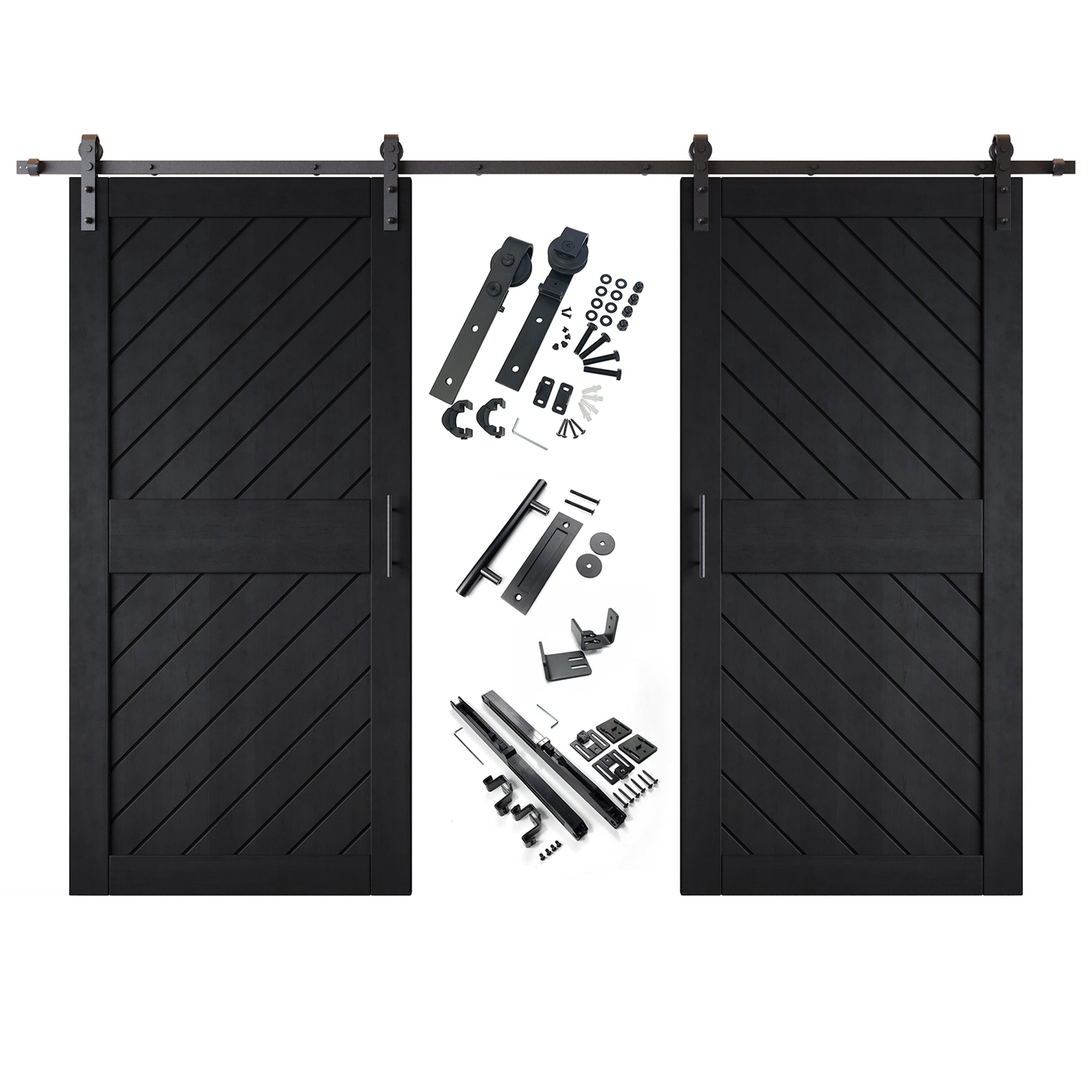 84" Height Black Slanted Stripe Design Unassembled & Finished Double Pine Wood Barn Door with Non-Bypass Installation Hardware Kit(Interior Use Only)