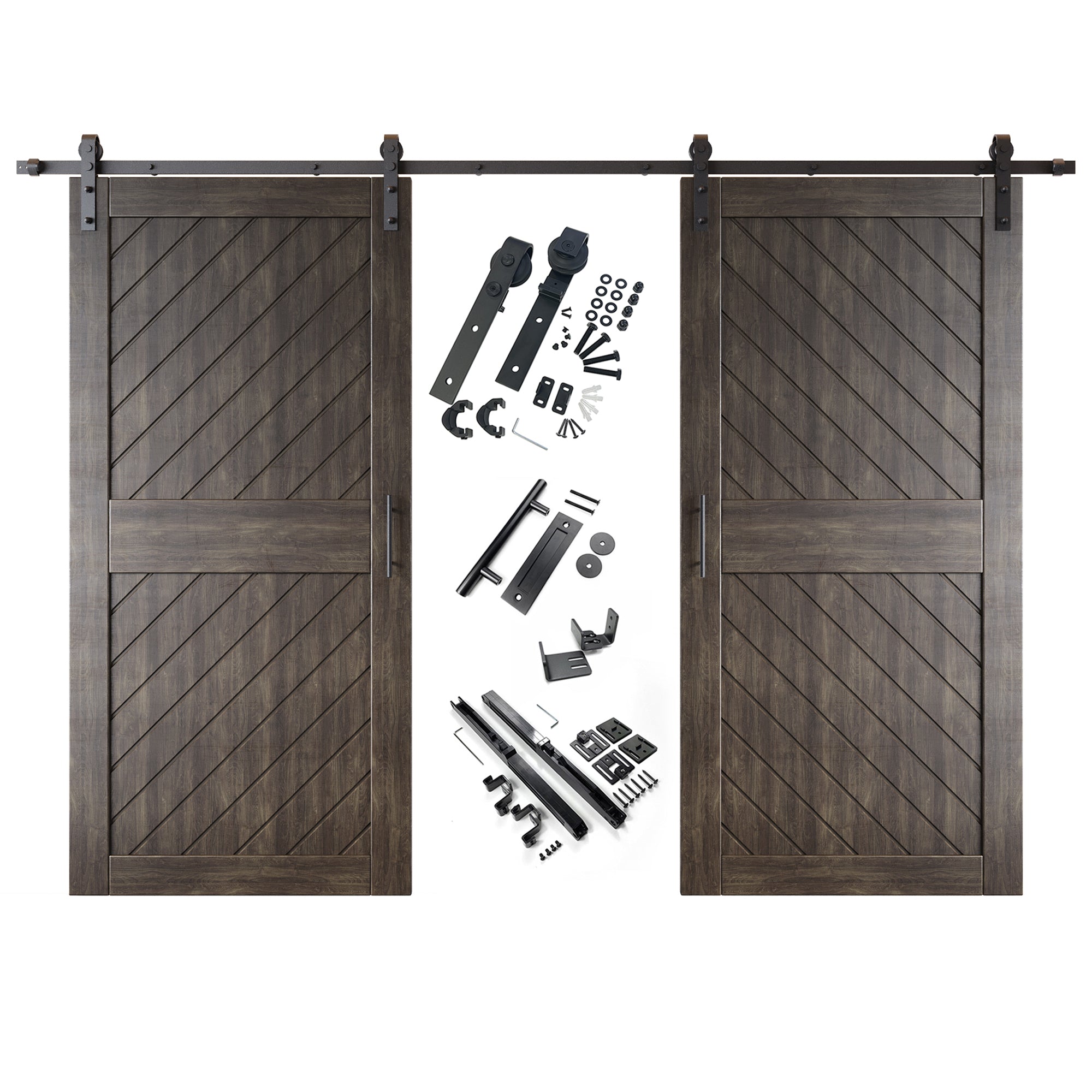 84" Height Ebony Slanted Stripe Design Unassembled & Finished Double Pine Wood Barn Door with Non-Bypass Installation Hardware Kit(Interior Use Only)