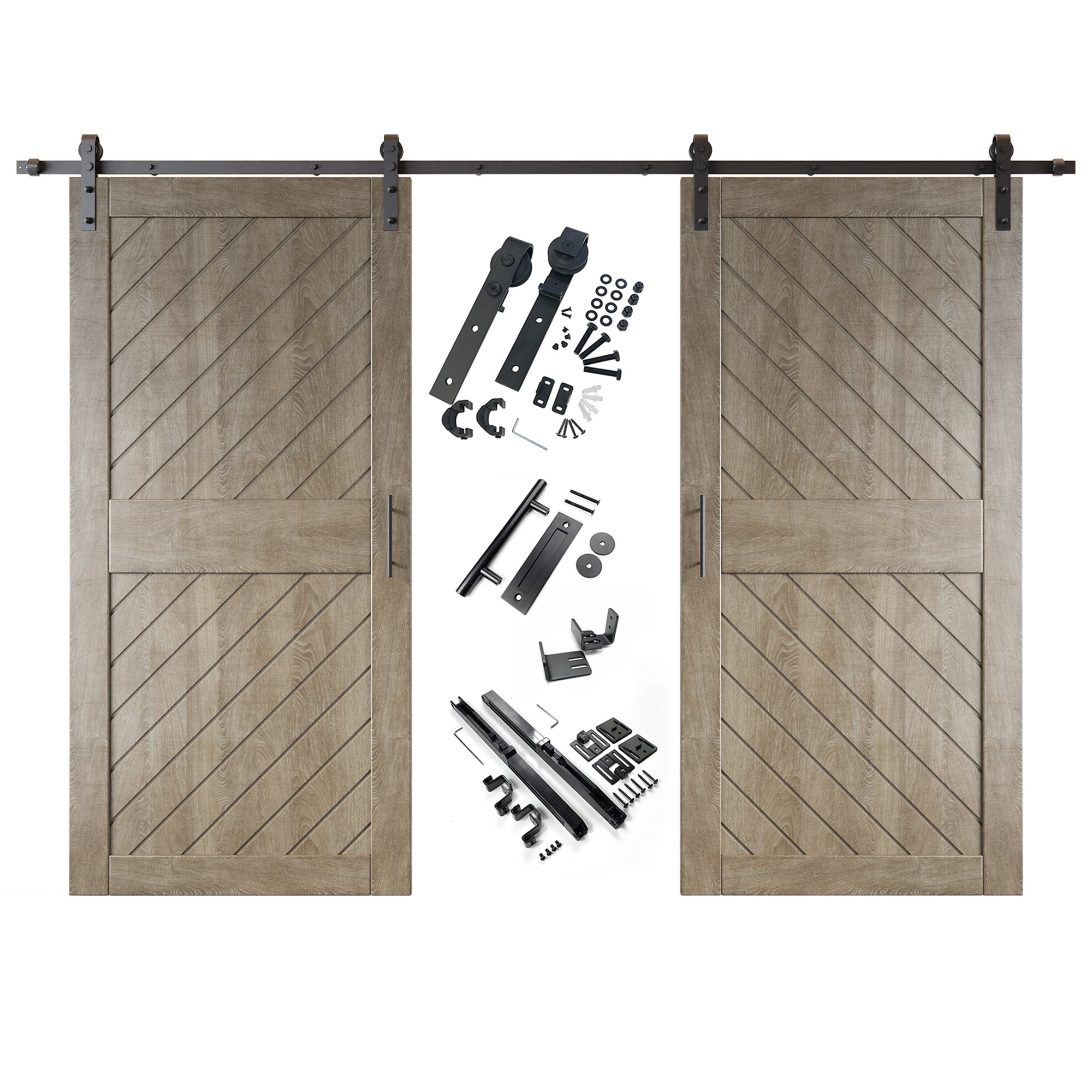 84" Height Classic Gray Slanted Stripe Design Unassembled & Finished Double Pine Wood Barn Door with Non-Bypass Installation Hardware Kit(Interior Use Only)